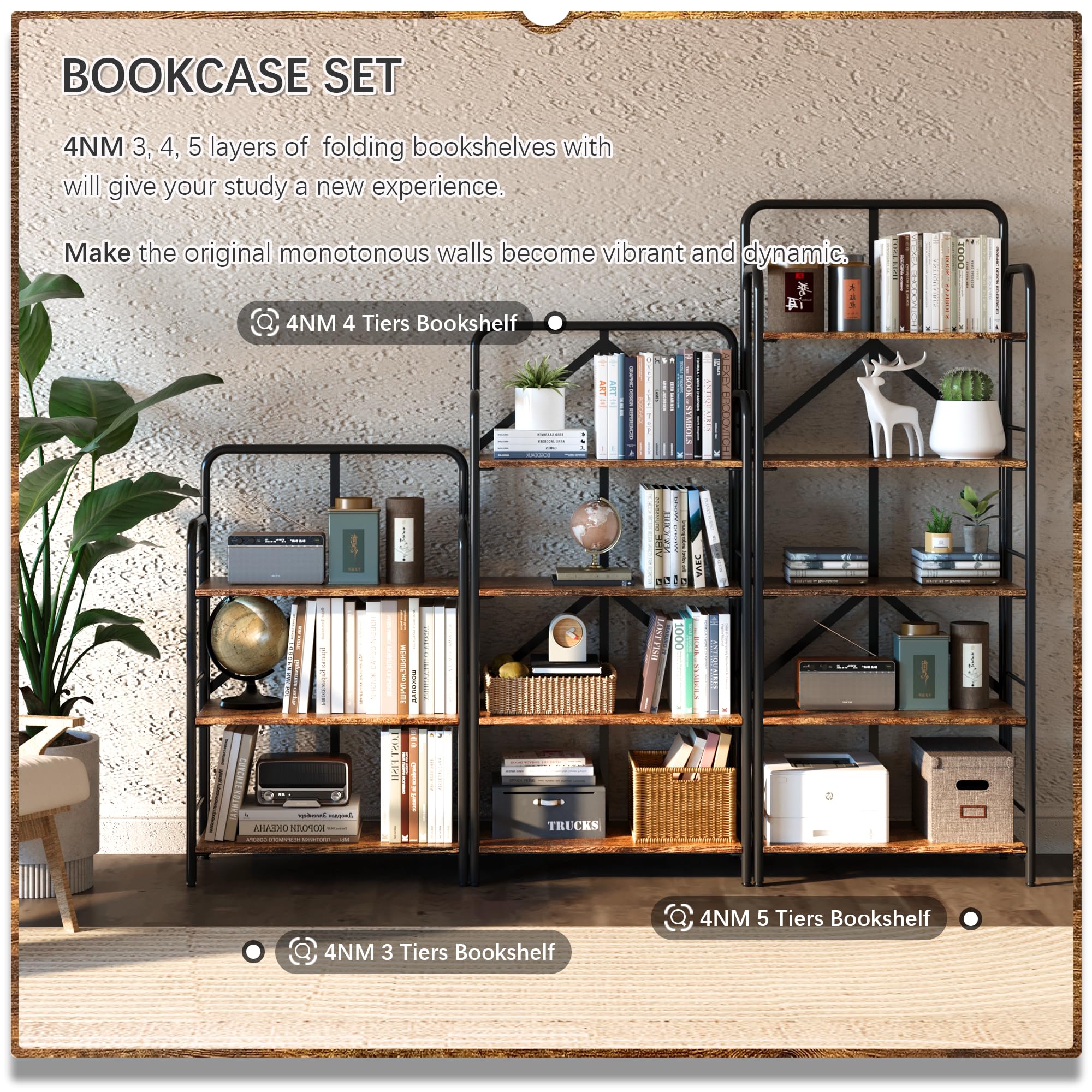 4NM No Assembly Folding Bookshelf, 3 Tiers Collapsible Book Shelves Open Industrial Foldable Storage Bookcase Shelf for Bedroom, Living Room, Home Office - Natural and White