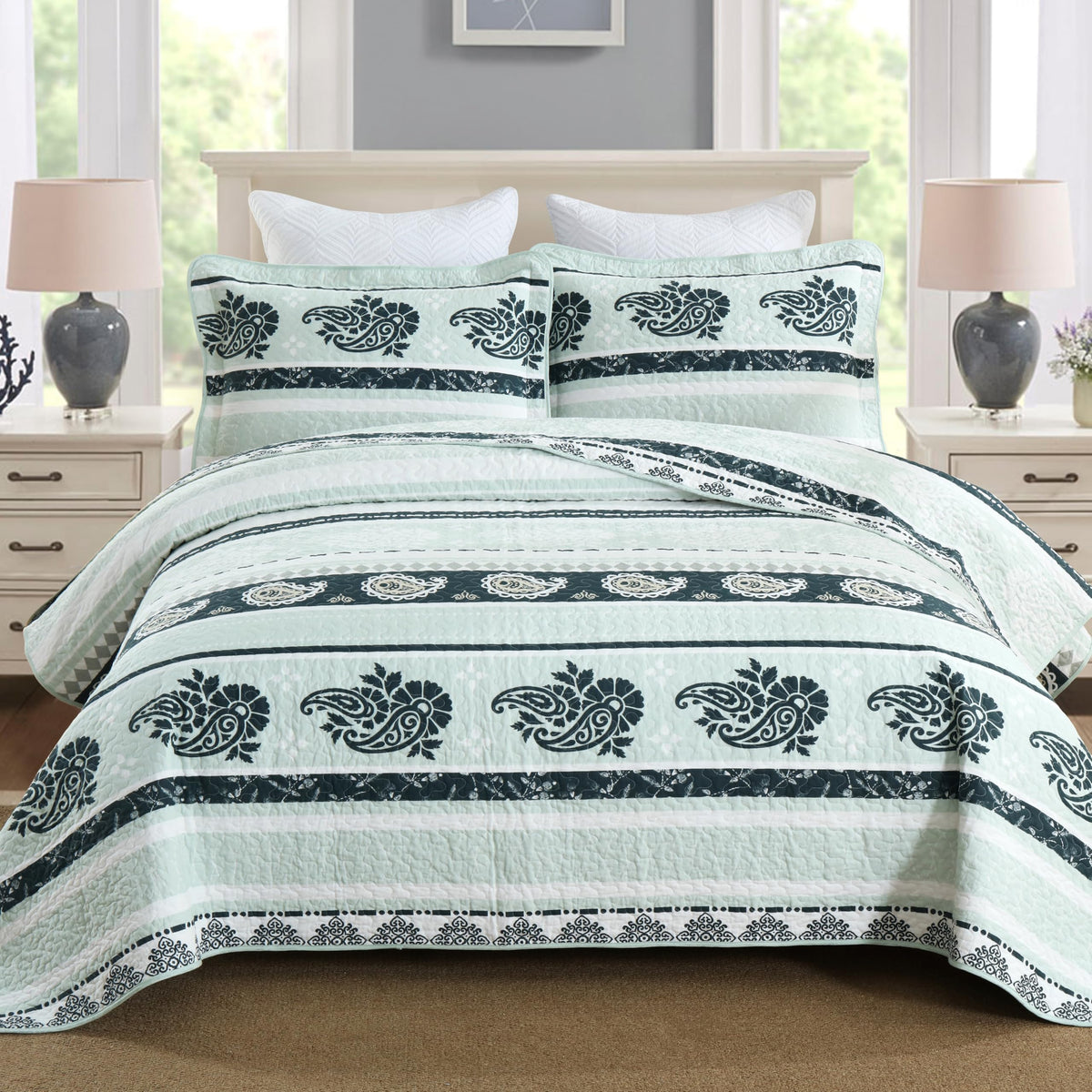 Yellow Quilts Queen Size, Paisley Comforter Set Queen Cotton Bed, Yellow Grey White Comforter, Striped Bedding Queen Size, Lightweight Luxury Bedspread,3 Piece