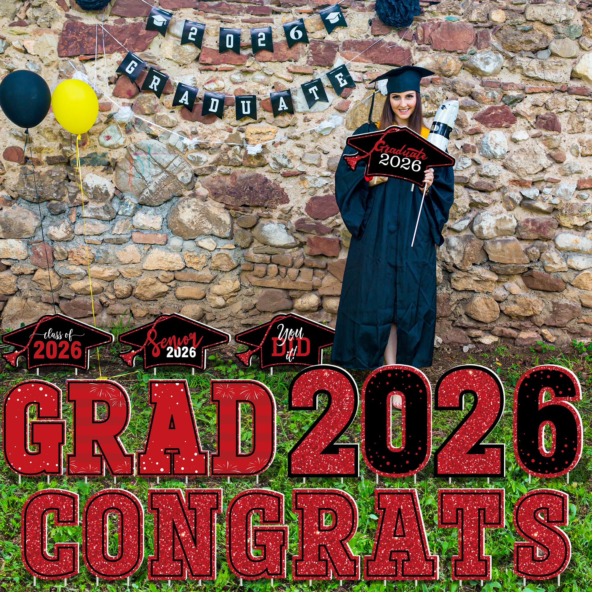 HOVACY 20 PCS Black Gold Graduation Yard Signs Class of 2026 | Black Gold 20 PCS, 40 Stakes, 11.57 x 16.14 in, Corrugated Plastic, Waterproof, Congrats Grad Sign, Graduation Sign