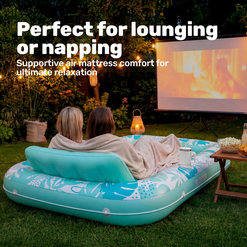 SLOOSH Inflatable Tanning Pool Lounger Float, 85" x 57" Extra Large Pool Floats Adult with Pillow, 4 in 1 Suntan Tub Raft Floatie,Sunbathing Bed Lounge for Water Blow Up Ball Pit Party Gifts, XL-Blue