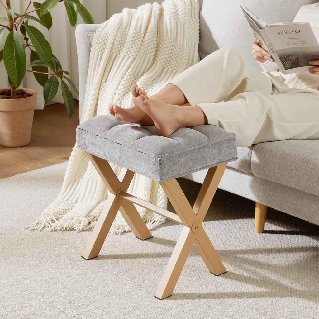 Royal Windsor Vanity Stool with Saddle Cushion, 18 Inch Makeup Vanity Chair for Living Room, Modern Foot Stool Ottoman Piano Bench,Small Upholstered Bench for Bedroom, Beige