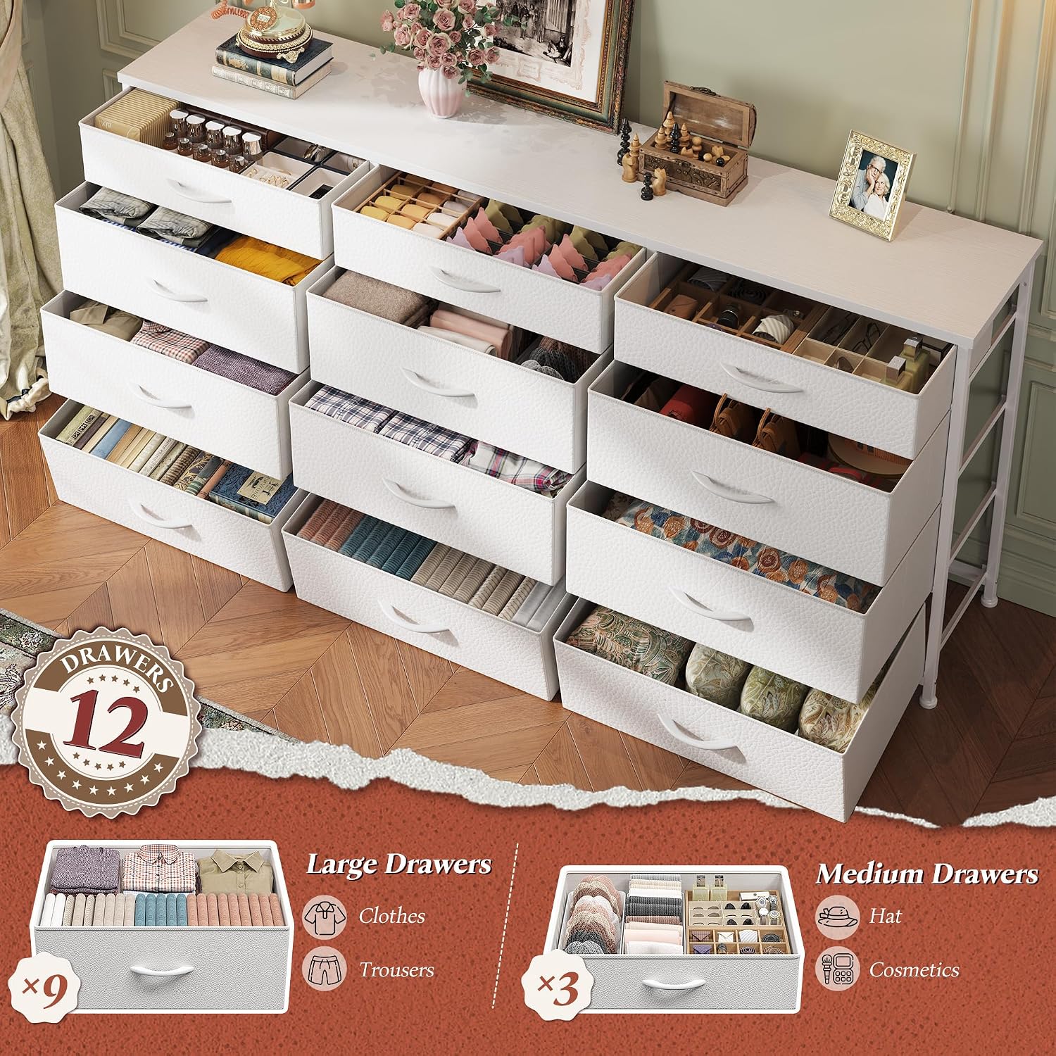 Romorgniz 55" Long Dresser for Bedroom with 12 Fabric Drawers, TV Stand for 60 inch TV Dressers & Chests of Drawers Large Organizer, Living Room, Metal Frame, Wood Top, White