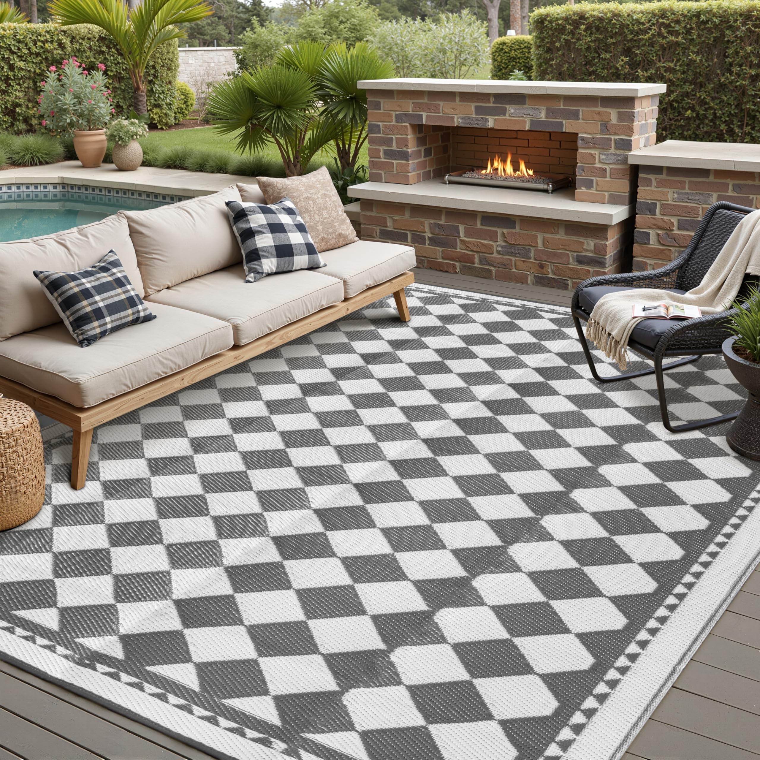 HUGEAR Outdoor Patio Rug 3'x5' Waterproof Outside Area Rugs Blue Reversible Plastic Straw Carpet for RV Deck Camping Entryance Porch Picnic Balcony Beach