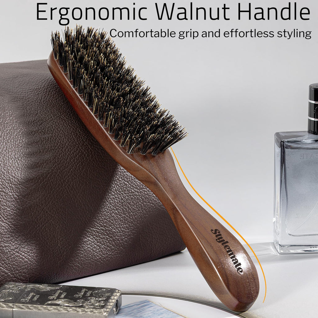 STYLEMATE Boar Bristle Hair Brush for Men, Slick Back Mens Hair Brush with Stiff Bristles for Thick & Fine Hair, Beard Brush with Natural Black Walnut Wooden Handle