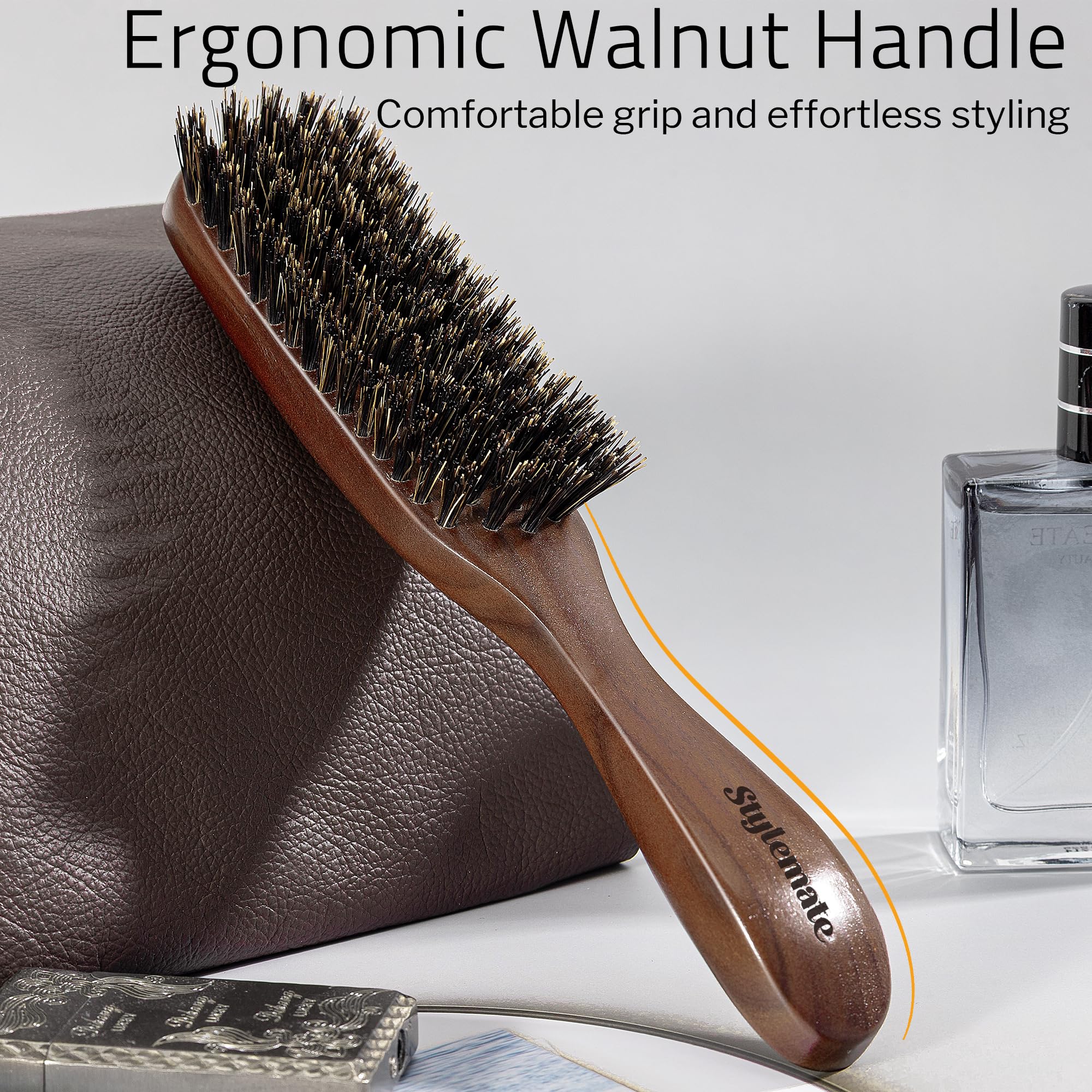 STYLEMATE Boar Bristle Hair Brush for Men, Slick Back Mens Hair Brush with Stiff Bristles for Thick & Fine Hair, Beard Brush with Natural Black Walnut Wooden Handle