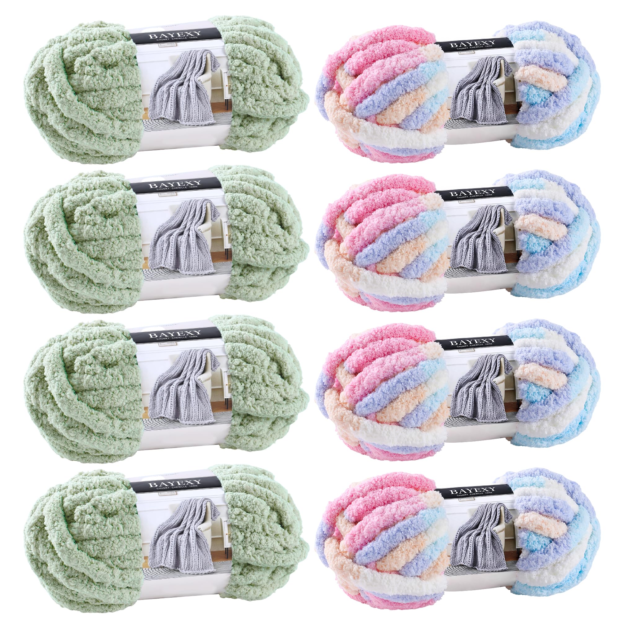 Chunky Chenille Yarn for Hand Knitting 8 Jumbo Pack Jumbo Chunky Yarn for Hand Soft Blanket Knitting, Bulky Thick Fluffy Yarn for Crocheting (Black)
