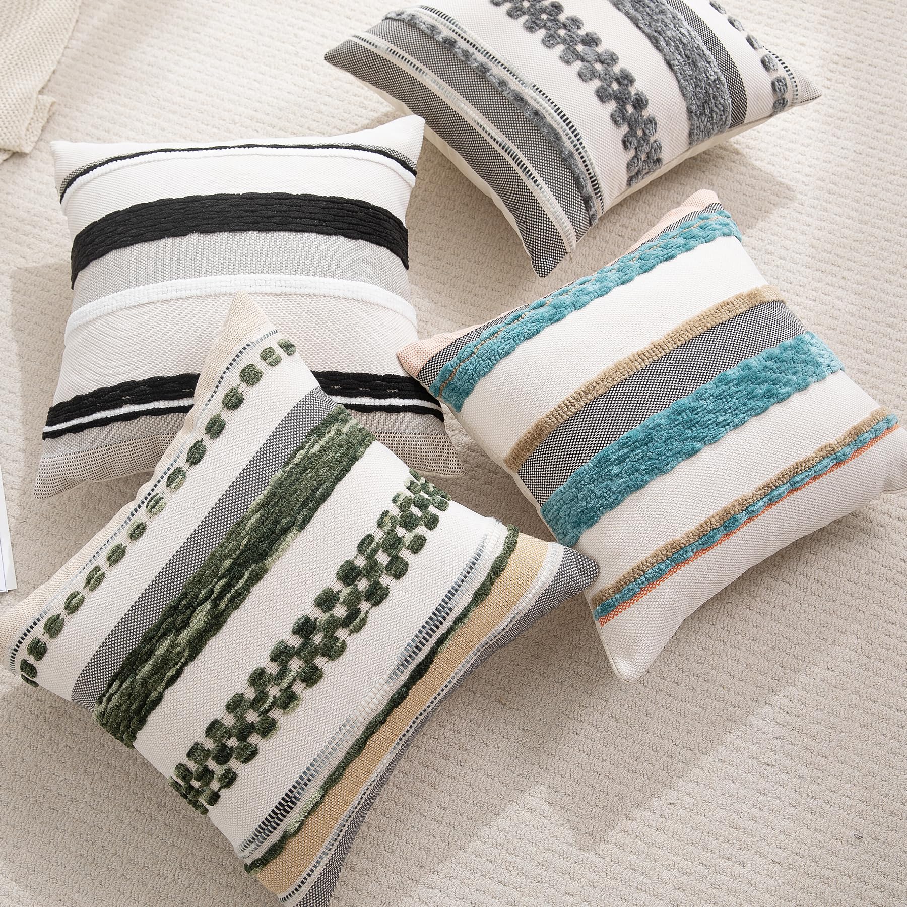 Boho Pillow Covers 18x18 Set of 2 for Couch-Modern Farmhouse Sofa Decorative Throw Pillow Covers Textured Chenille Cushion Covers Outdoor Netural Bohemian Pillow Cases Square