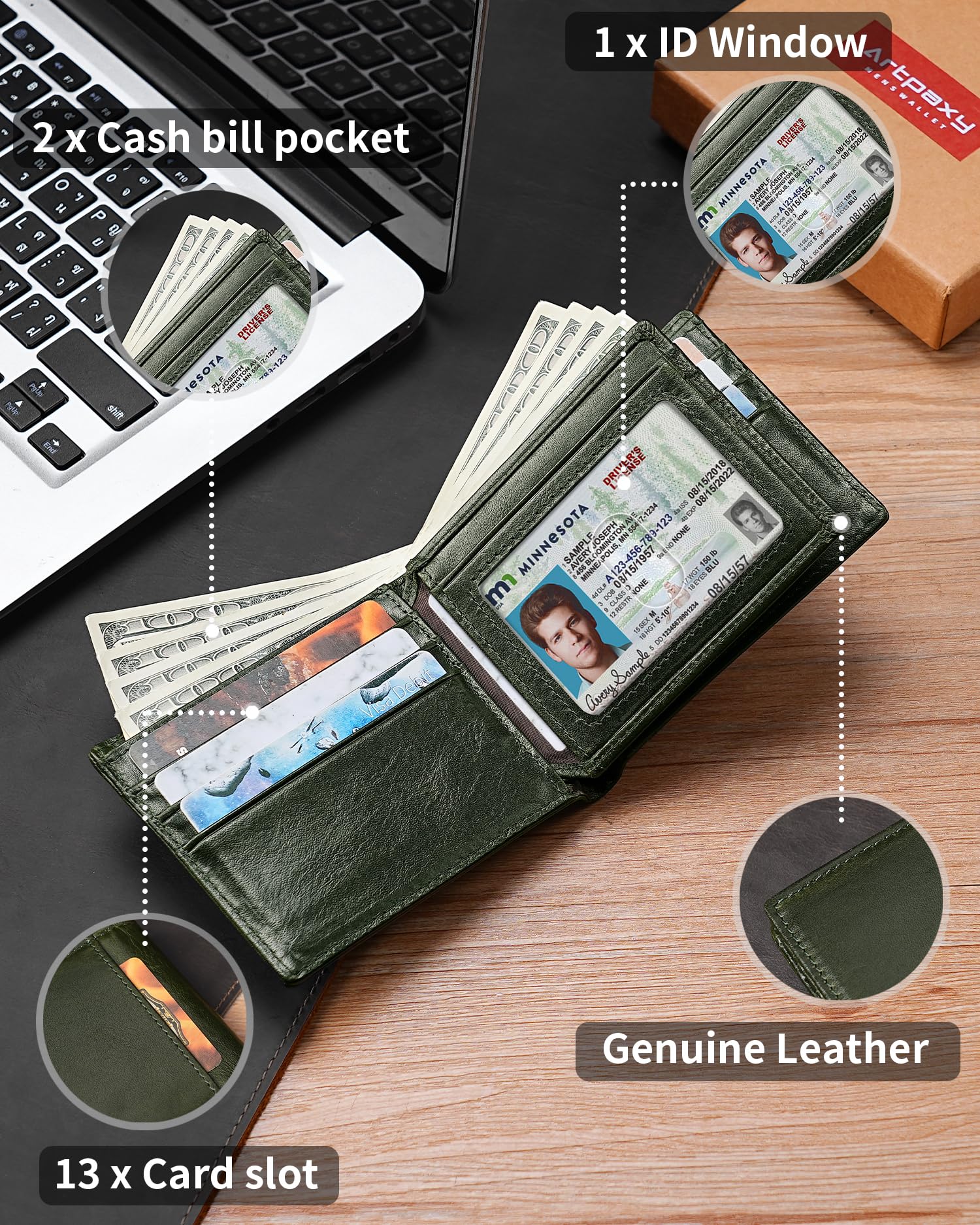 Artpaxy Mens Wallet Genuine Leather Bifold RFID Blocking Wallet for Men with 1 ID Window 13 Card Holders 2 cash pockets 1 Gift Box