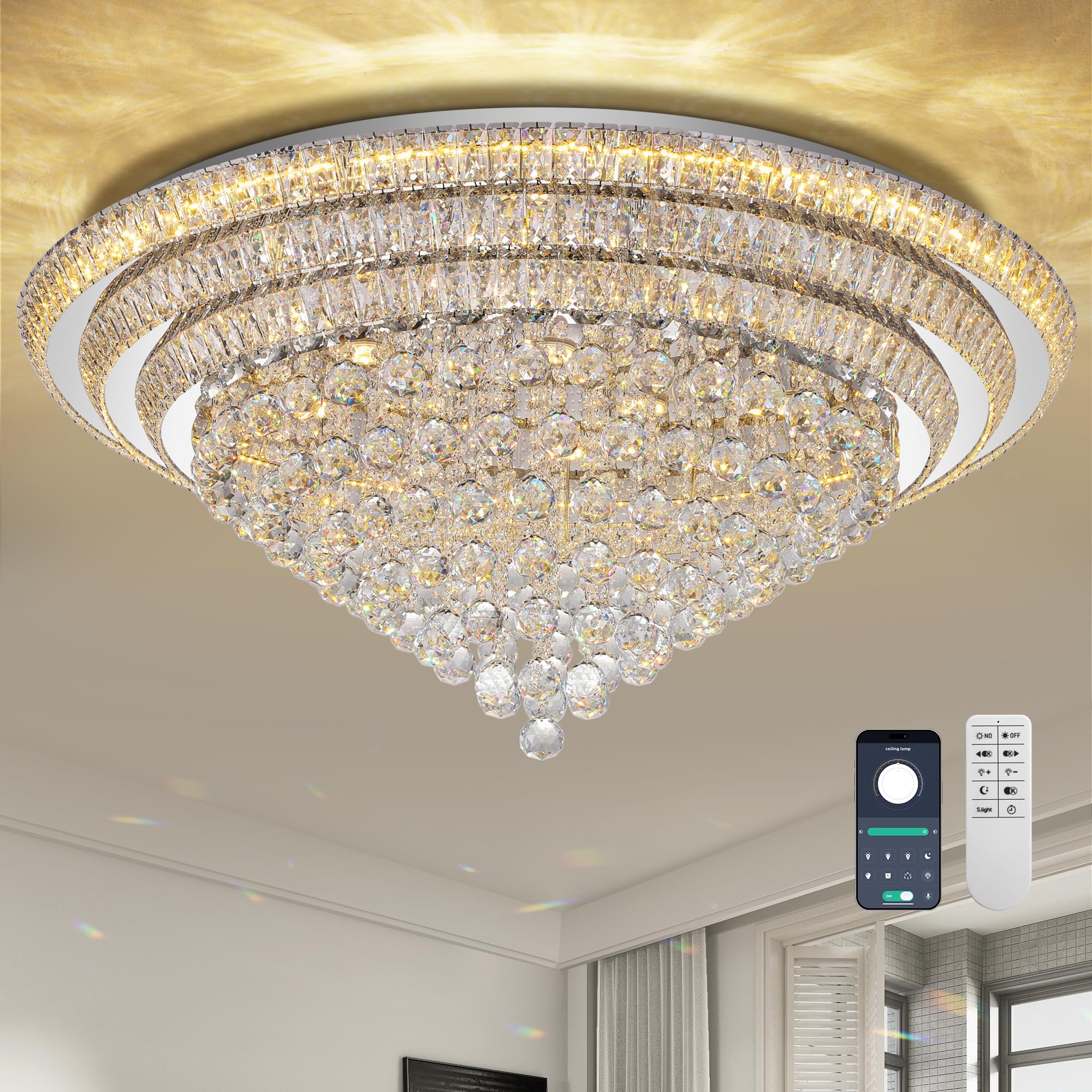 COCOSTAR 20" Gold Crystal Chandeliers, Flush Mount Chandelier LED Ceiling Light, Modern Crystal Raindrop Chandeliers for Dining Room, Living Room, Bedroom