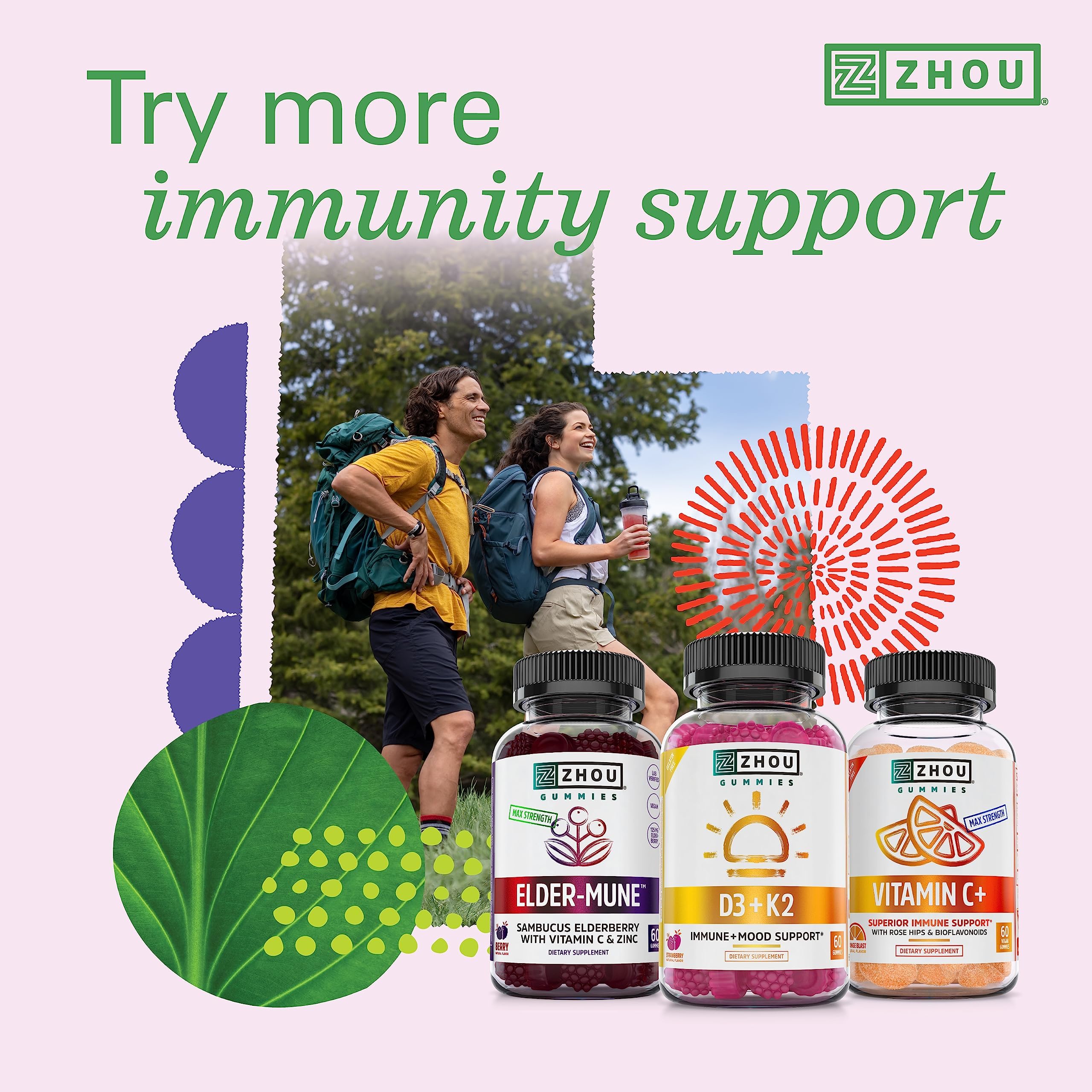 Zhou D3+K2 - Vitamin D3 K2 Supplement for Women & Men, Immune Support Vit D3 and K2 Supplements, Pure Vegetarian Formula with 5000 IU of D3 and MK-7 - 60 Veggie Capsules (Pack of 1)