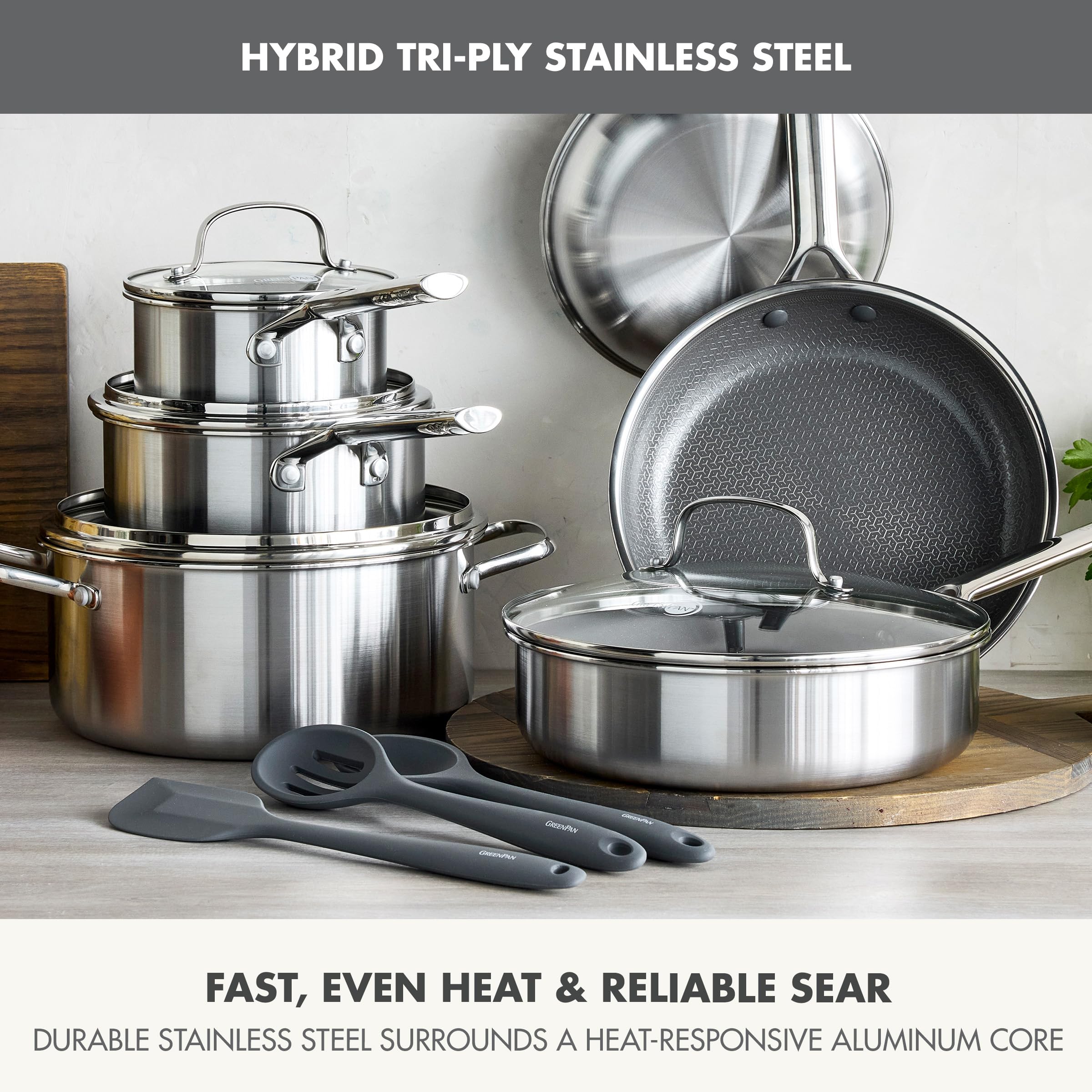 GreenPan Hybrid 9.5” & 11” Nonstick Stainless Steel Frying Pan Set, APEX Tri-Ply Thermobond PFAS-Free Ceramic Skillets, Induction & All Cooktop Compatible, Oven Temp to 850°F, Dishwasher Safe, Gold