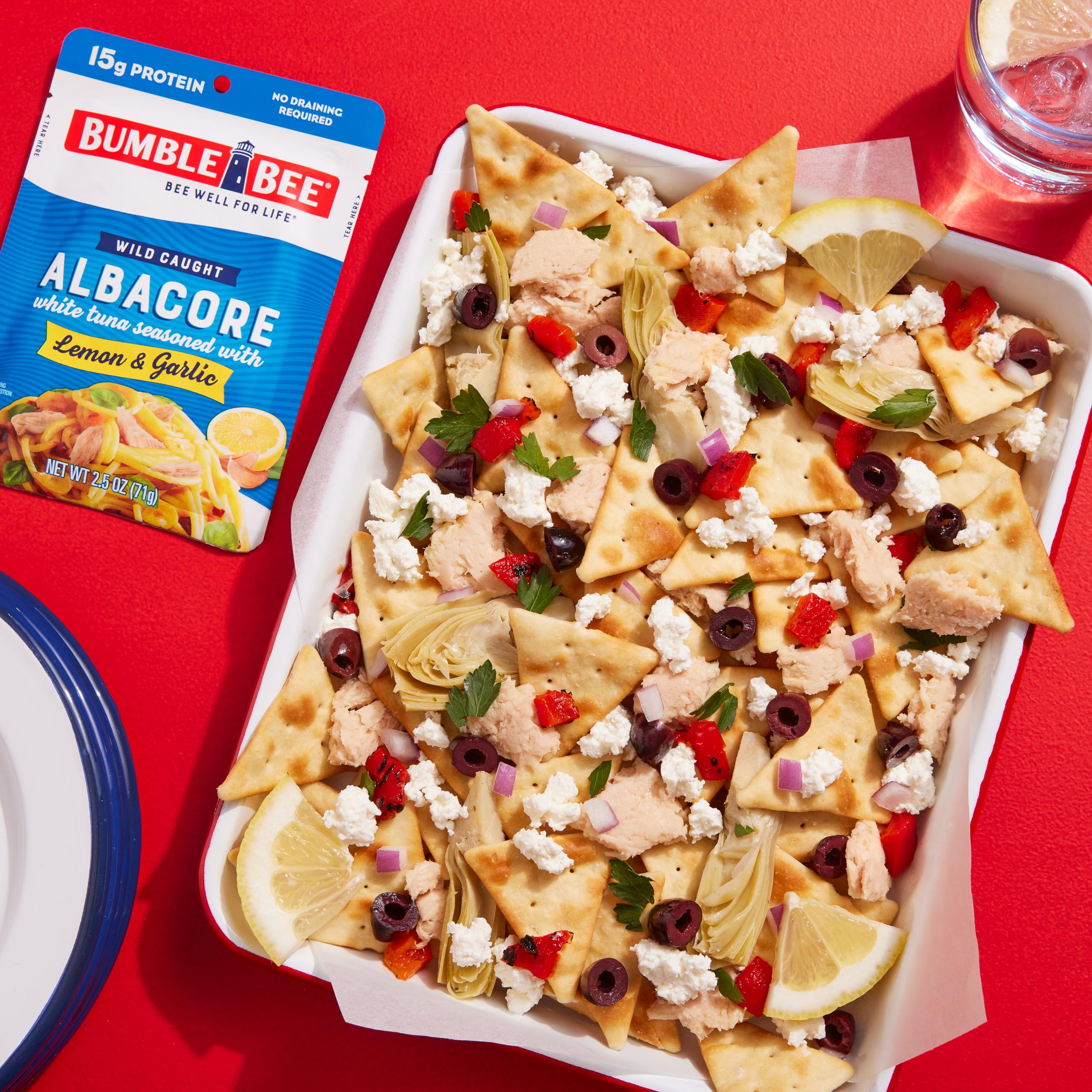 Bumble Bee Lemon & Garlic Seasoned White Albacore Tuna in Water, 2.5 oz Pouch - Wild Caught Tuna - 15g Protein per Serving, High in Omega-3s - Non-GMO, Gluten Free - No Draining Required
