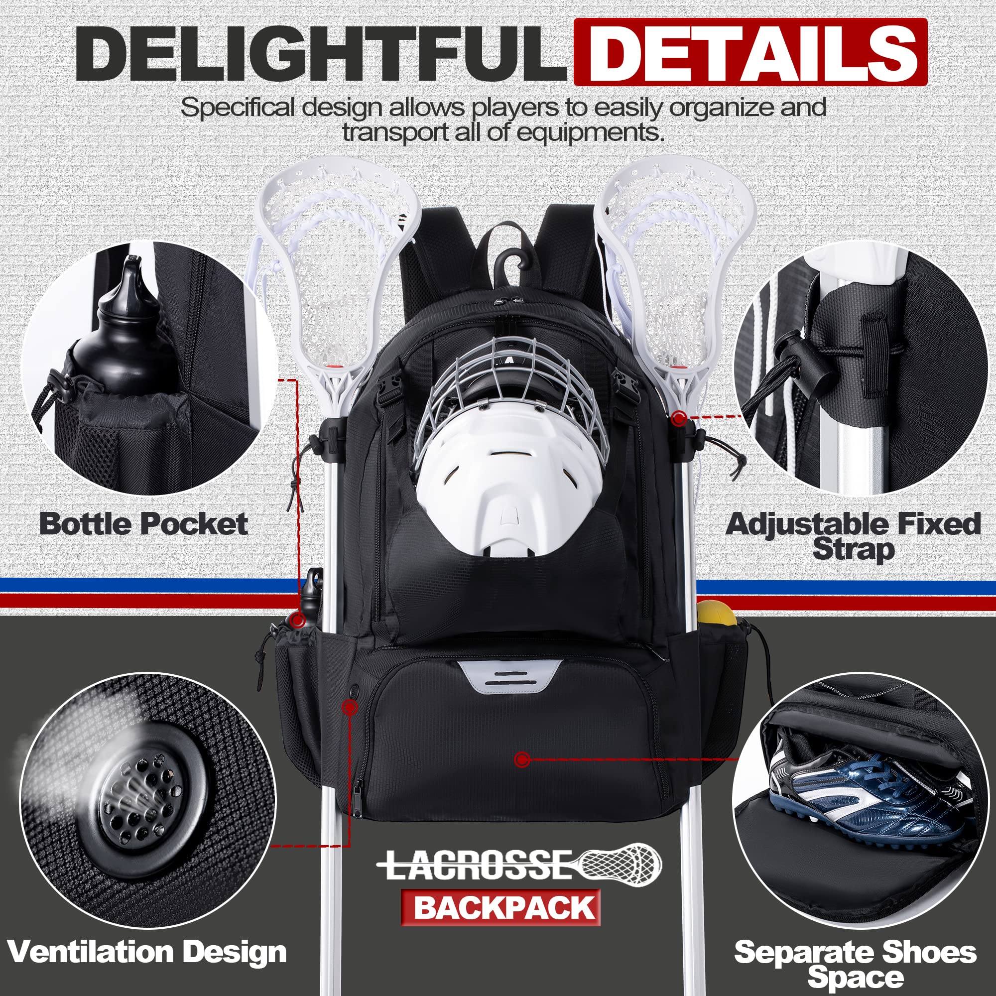 GoHimal Lacrosse Bag Extra Large Lacrosse Backpack with Tow Stick Holder