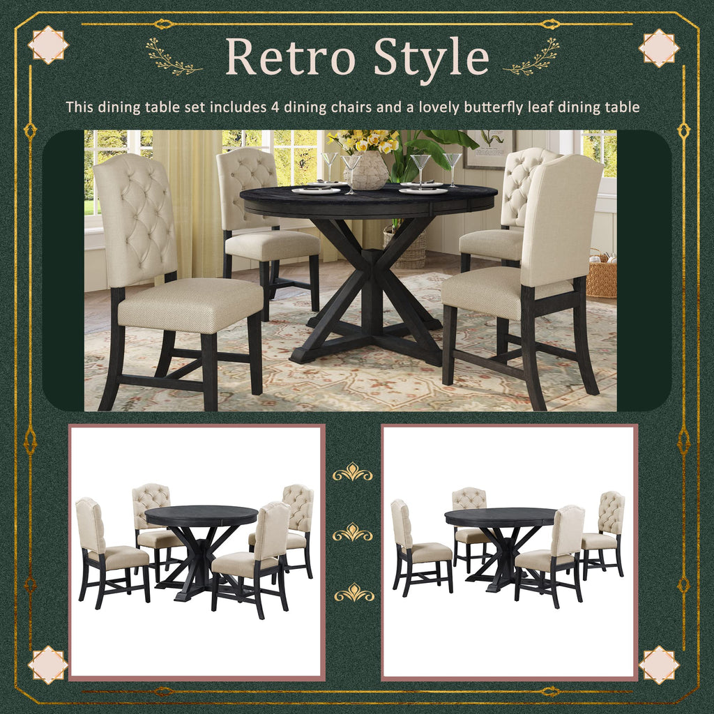 LUMISOL 5-Piece Dining Table Set for 4, Farmhouse Round Kitchen Table Set with Special Shaped Legs and 4 Upholstered Chairs for Kitchen, Dining Room, Small Space, Antique Blue