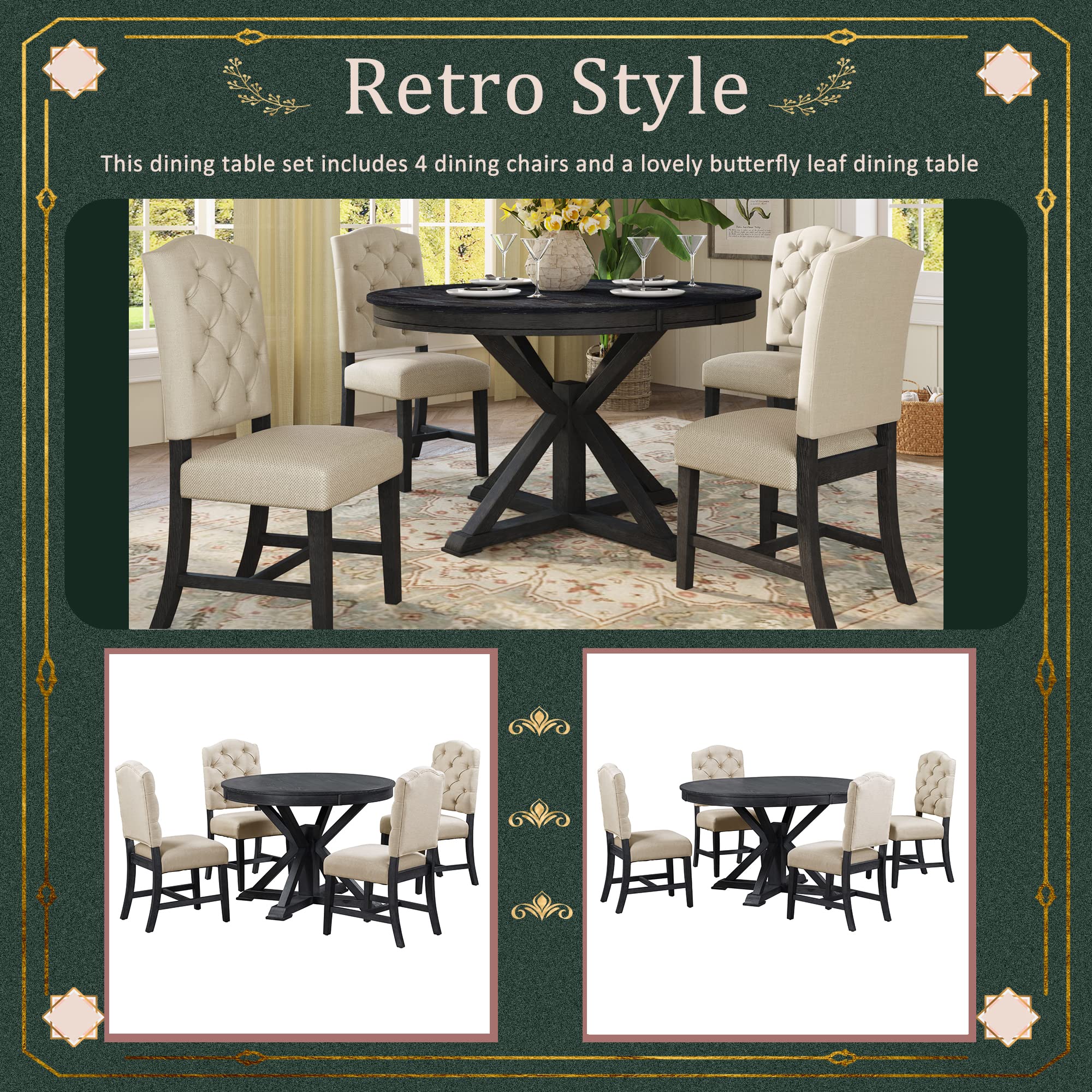 LUMISOL 5-Piece Dining Table Set for 4, Farmhouse Round Kitchen Table Set with Special Shaped Legs and 4 Upholstered Chairs for Kitchen, Dining Room, Small Space, Antique Blue