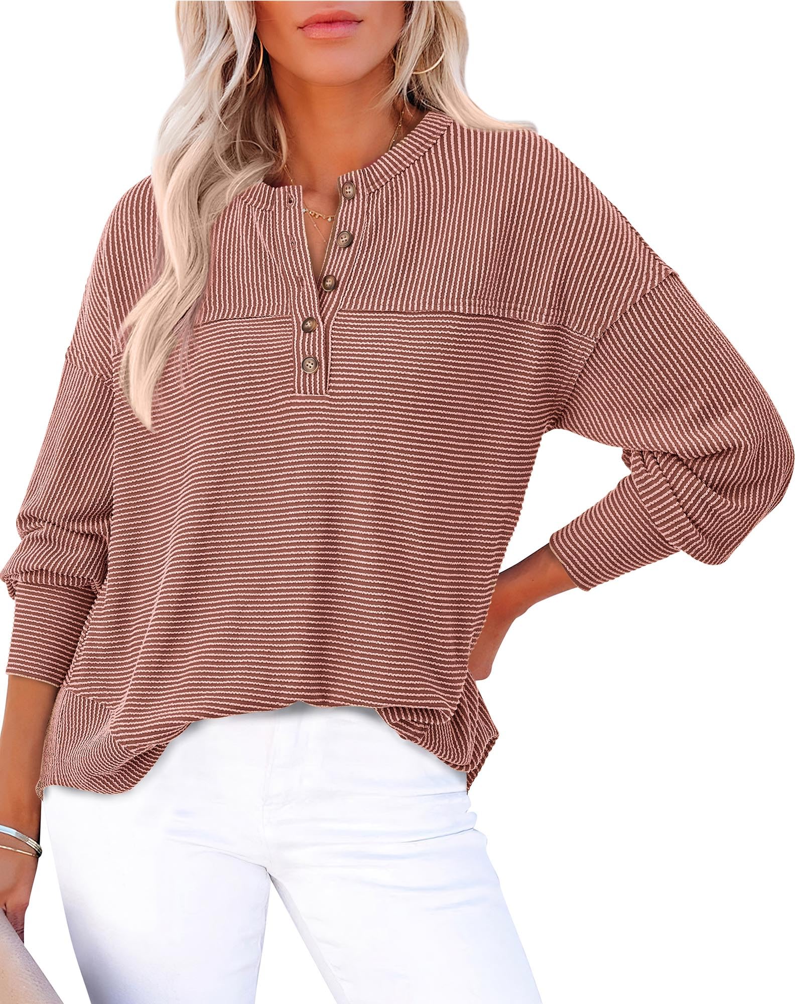 KIRUNDO Going Out Tops for Women Henley Shirts 2025 Casual Ribbed Knit Long Sleeve Tunic Summer Fall Button V Neck Blouse