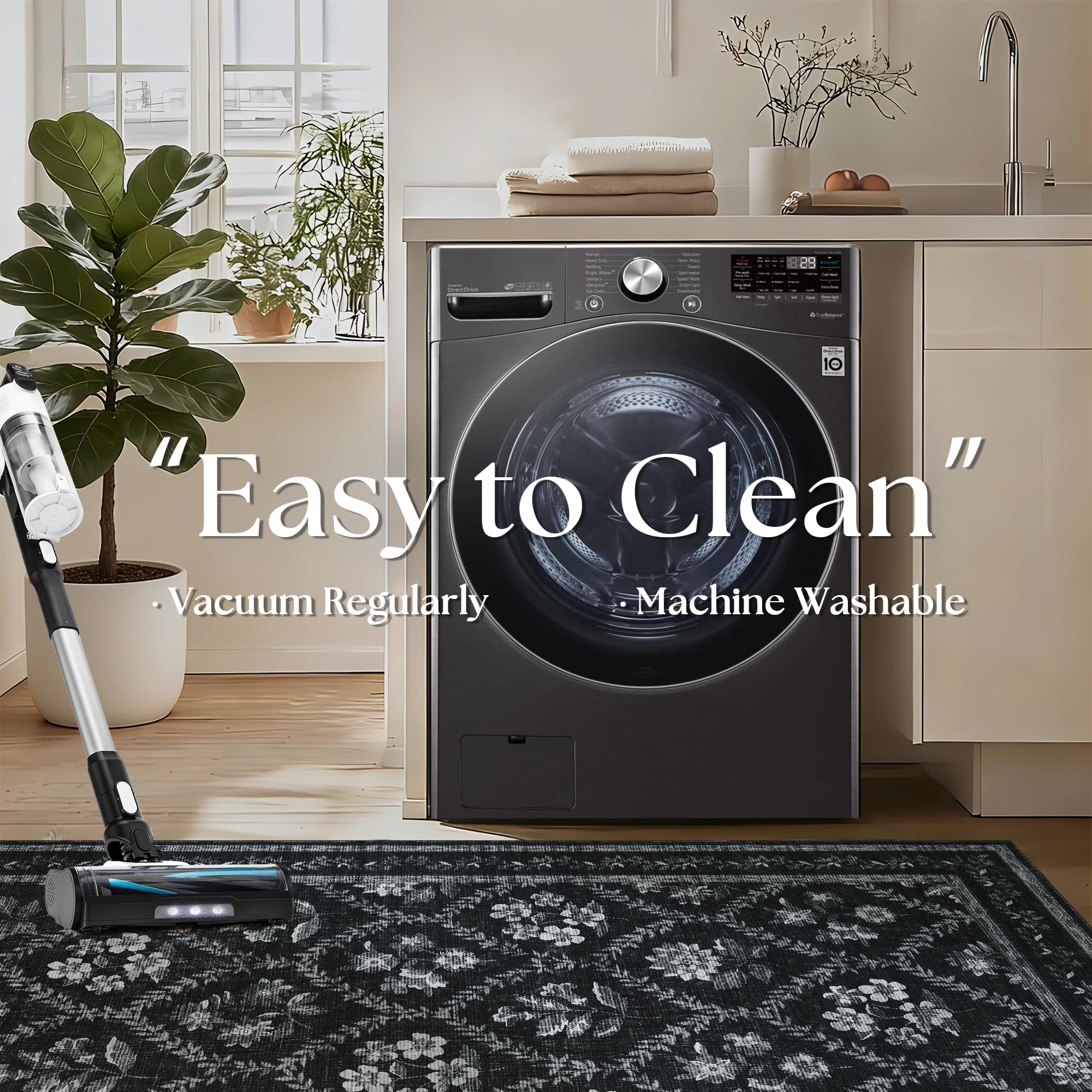 Black Floral Area Rug for Entryway 2x3 Washable Small Rug Low Pile Non Slip Distressed Entry Mat Soft Farmhouse Indoor Entrance Door Mat for Kitchen Bedroom Home Office Black Grey and White