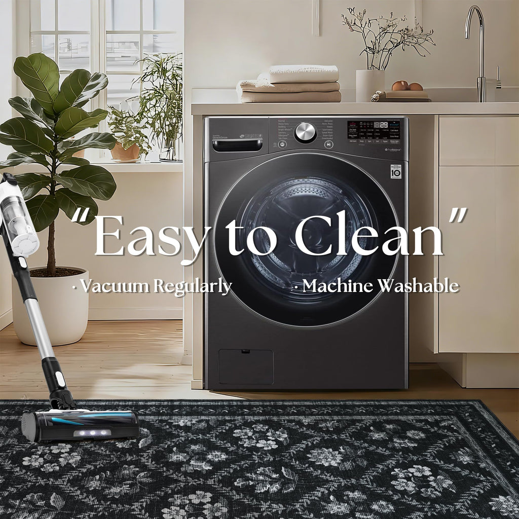 Black Floral Area Rug for Entryway 2x3 Washable Small Rug Low Pile Non Slip Distressed Entry Mat Soft Farmhouse Indoor Entrance Door Mat for Kitchen Bedroom Home Office Black Grey and White