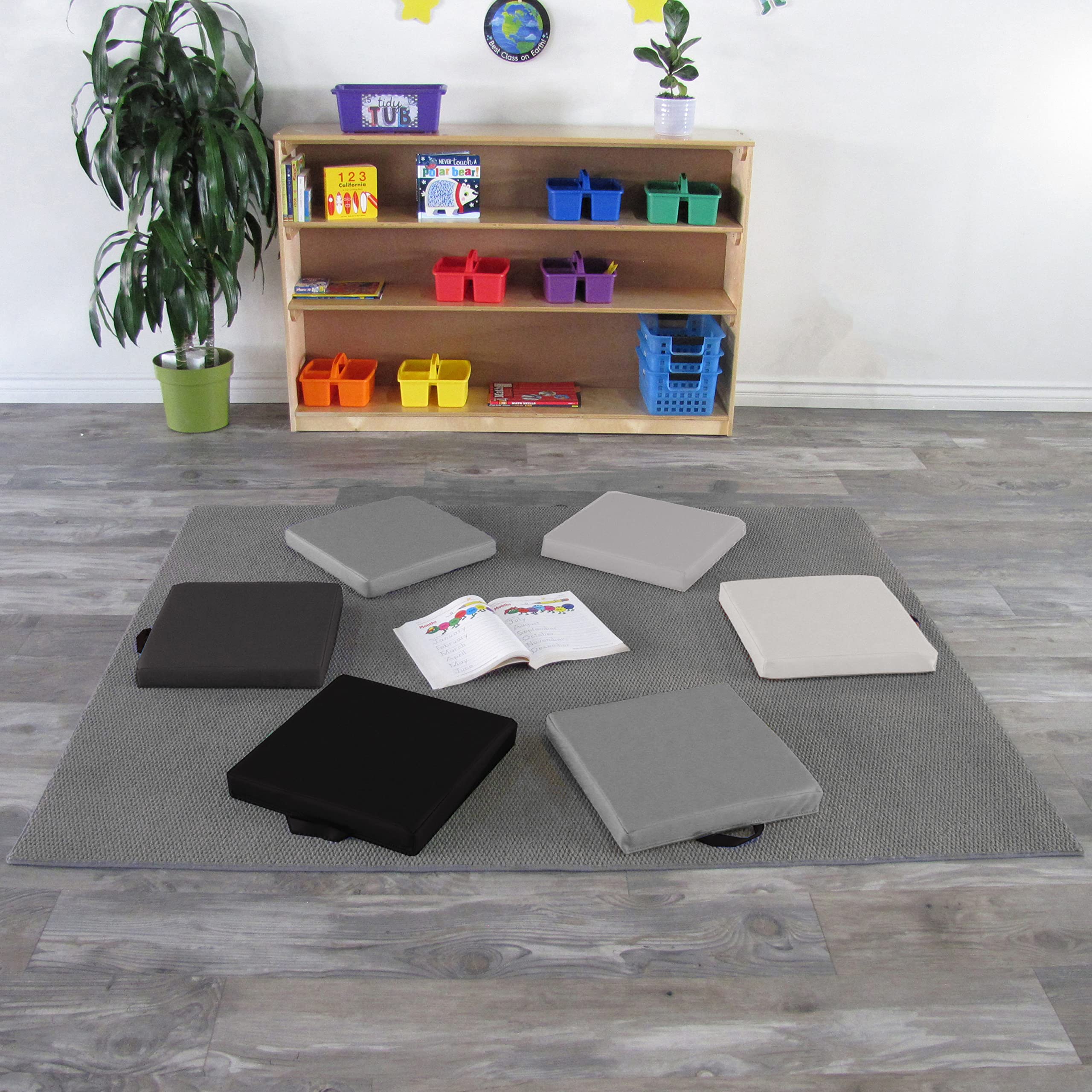 Factory Direct Partners SoftScape 15 inch Square Classroom Floor Cushions with Handles; Flexible Seating for Daycare, Preschool, Playroom; 2 inch Thick Deluxe Foam (6-Piece) - Assorted, 12228-AS