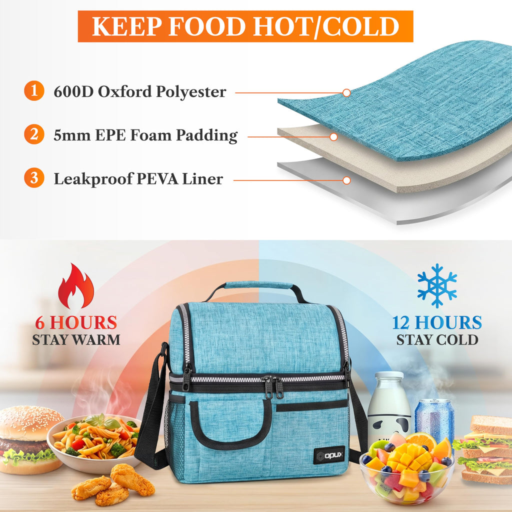 opux Insulated Lunch Bag Women Men, Dual Compartment Leakproof Lunch Box Adults Kids, Double Decker Meal Prep Bento Lunch Cooler Tote with Shoulder Strap for Work Office School Travel, Black