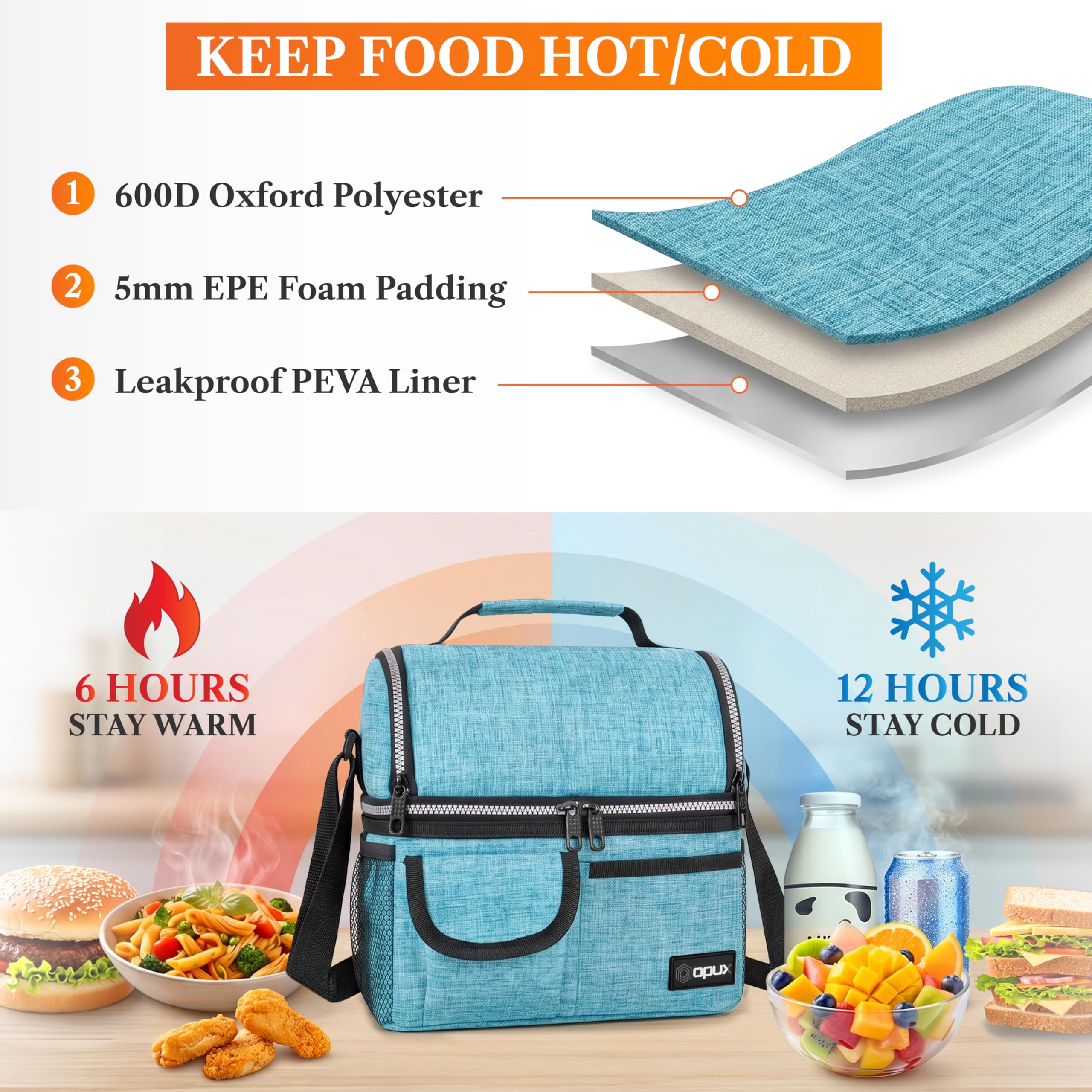 opux Insulated Lunch Bag Women Men, Dual Compartment Leakproof Lunch Box Adults Kids, Double Decker Meal Prep Bento Lunch Cooler Tote with Shoulder Strap for Work Office School Travel, Black