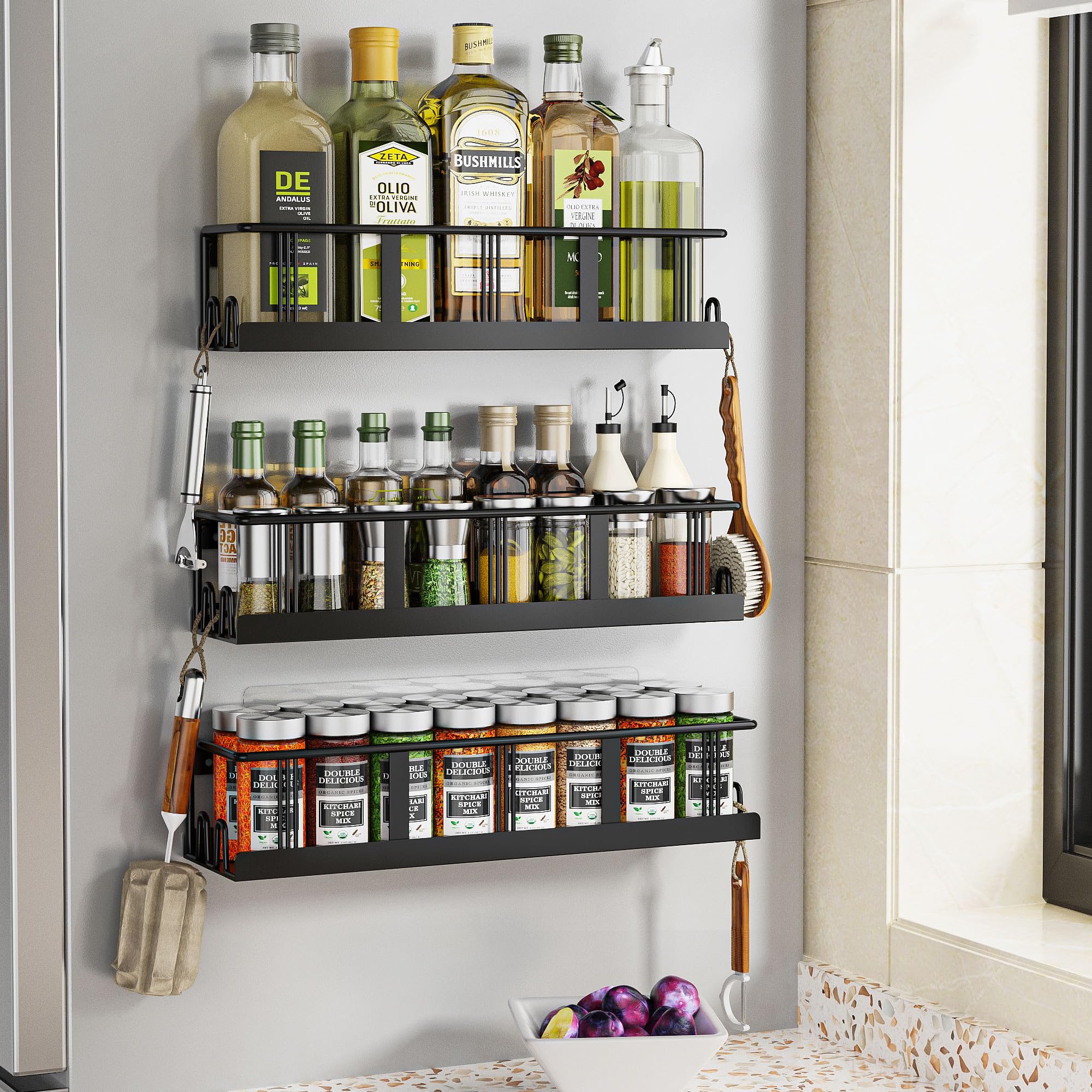 Bunoxea Spice Rack Wall Mounted 2 Pack,RV Spice Rack,Black | 8 Built-in Hooks,2 Versatile Sizes, Space-Saving,Flat Base, Screw or Adhesive, For Kitchen Cabinet, Pantry Door,Stove,RV