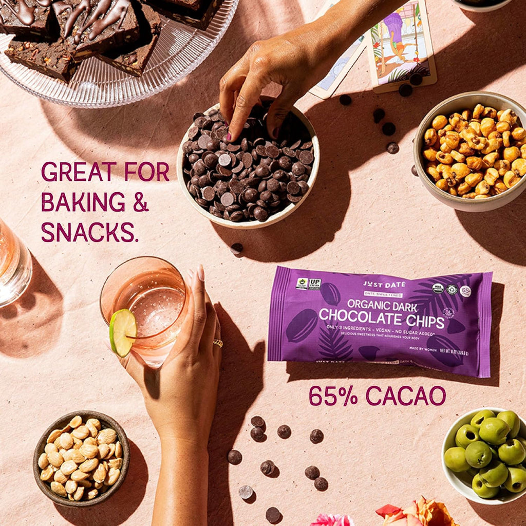 Just Date Organic Date Sweetened Dark Chocolate Chips / 65% Cacao / Vegan / No Sugar Added / Only 3 Ingredients / Low Glycemic Index / 8 Oz