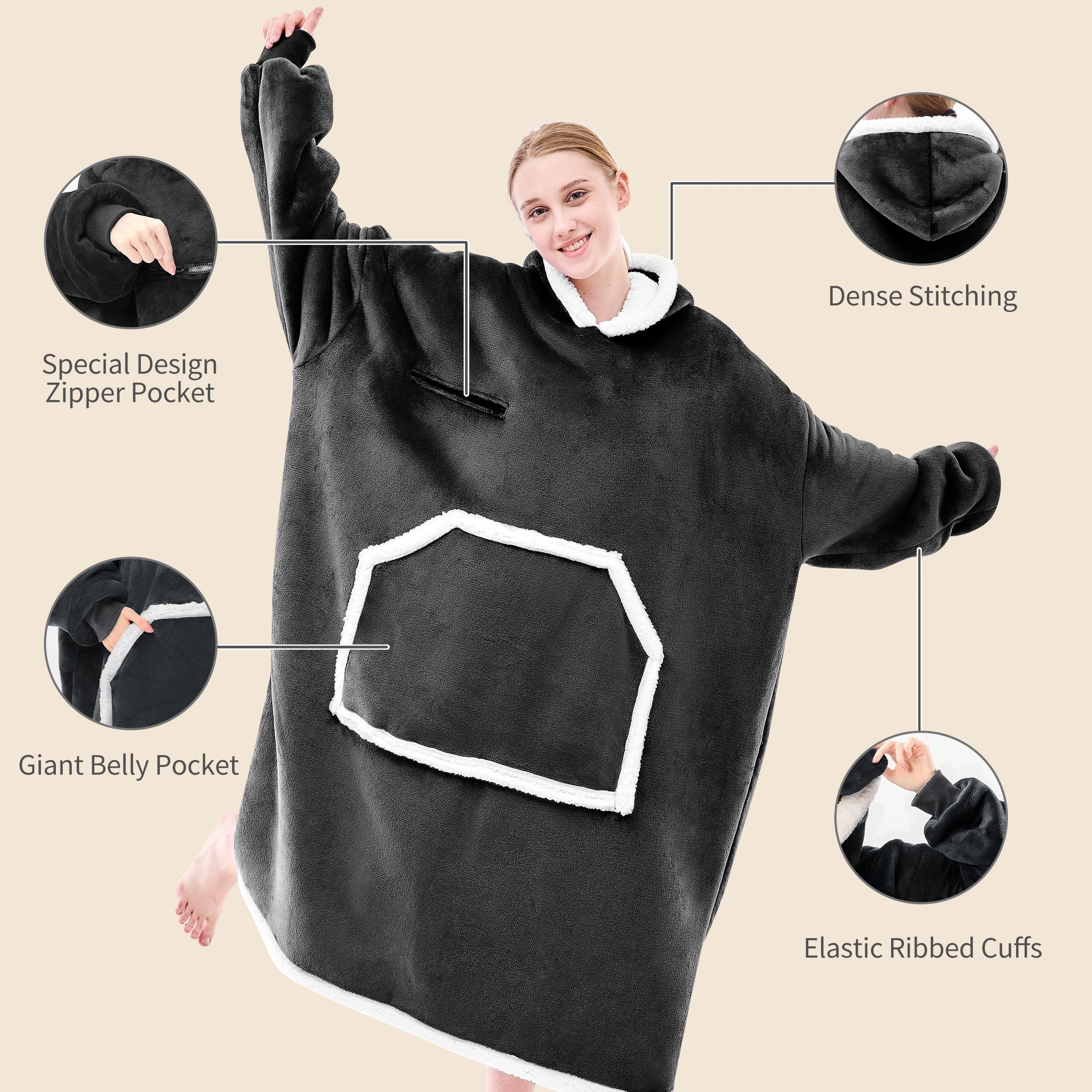 IFNOW Wearable Blanket Hoodie, Oversized Sherpa Fleece Hooded Sweatshirt with Eye Mask, Cozy and Giant Blanket Hoodie with Sleeves Extra Long for Adults Men Women, Black