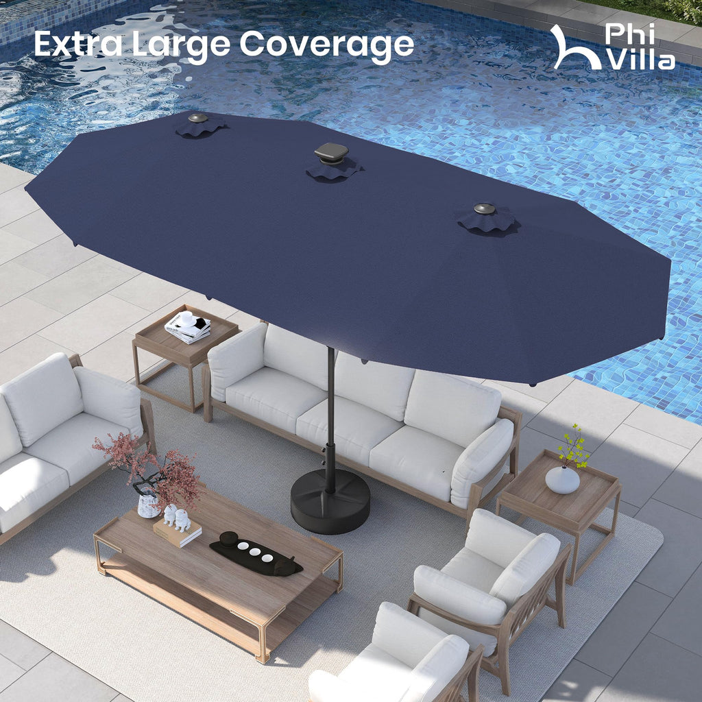 PHI VILLA 13ft Patio Umbrella with Solar-Powered 120 PCS LED Color-Changing Lights, Triple-Head Large Rectangle Umbrella Outdoor Patio for Table with Crank Lift,Beige(No Base)