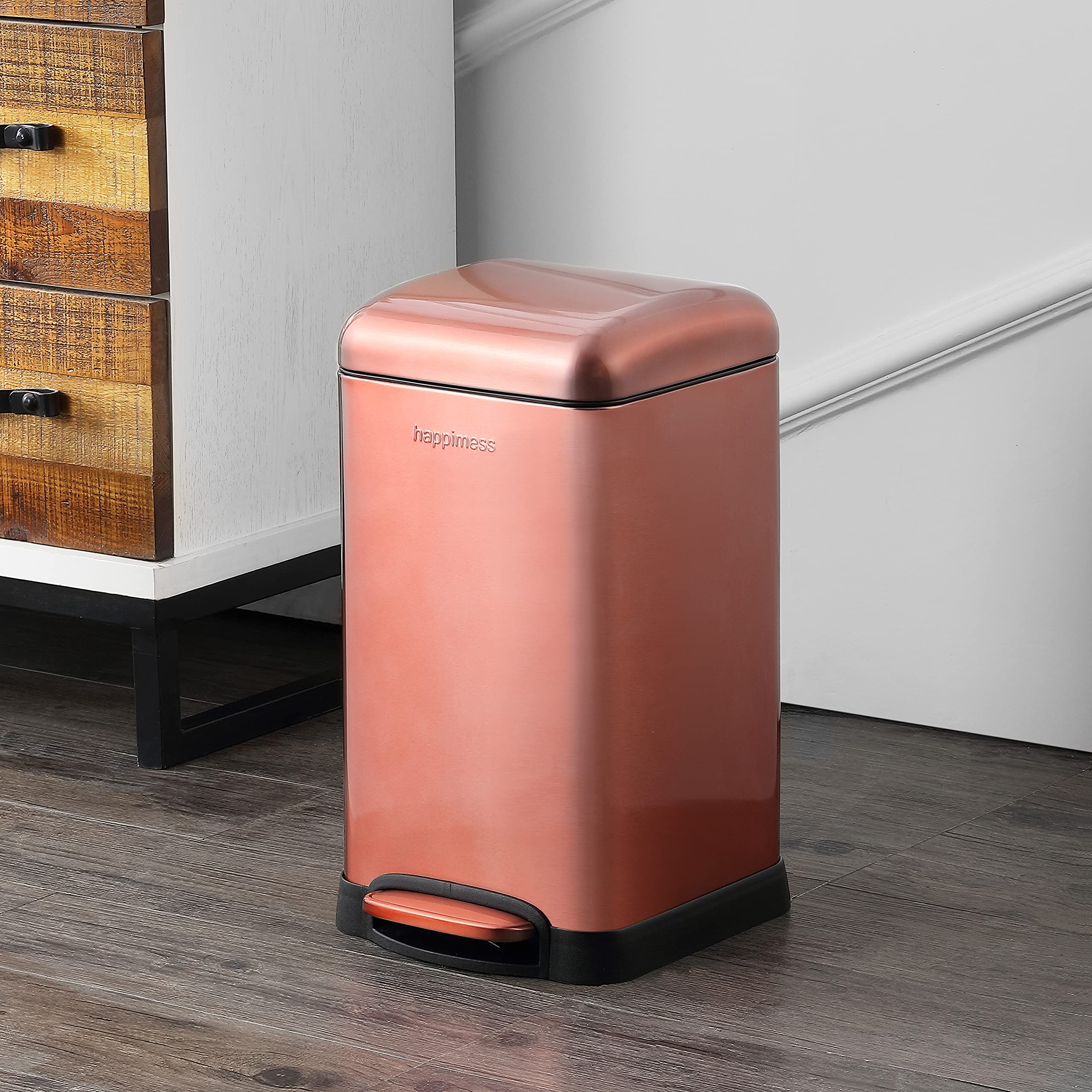 happimess HPM1012B Betty Retro Mini 3.2-Gallon Step-Open Trash Can with Soft-Close Lid, Modern, Minimalistic, Fingerprint Proof for Home, Kitchen, Laundry Room, Office, Bedroom, Bathroom, Black