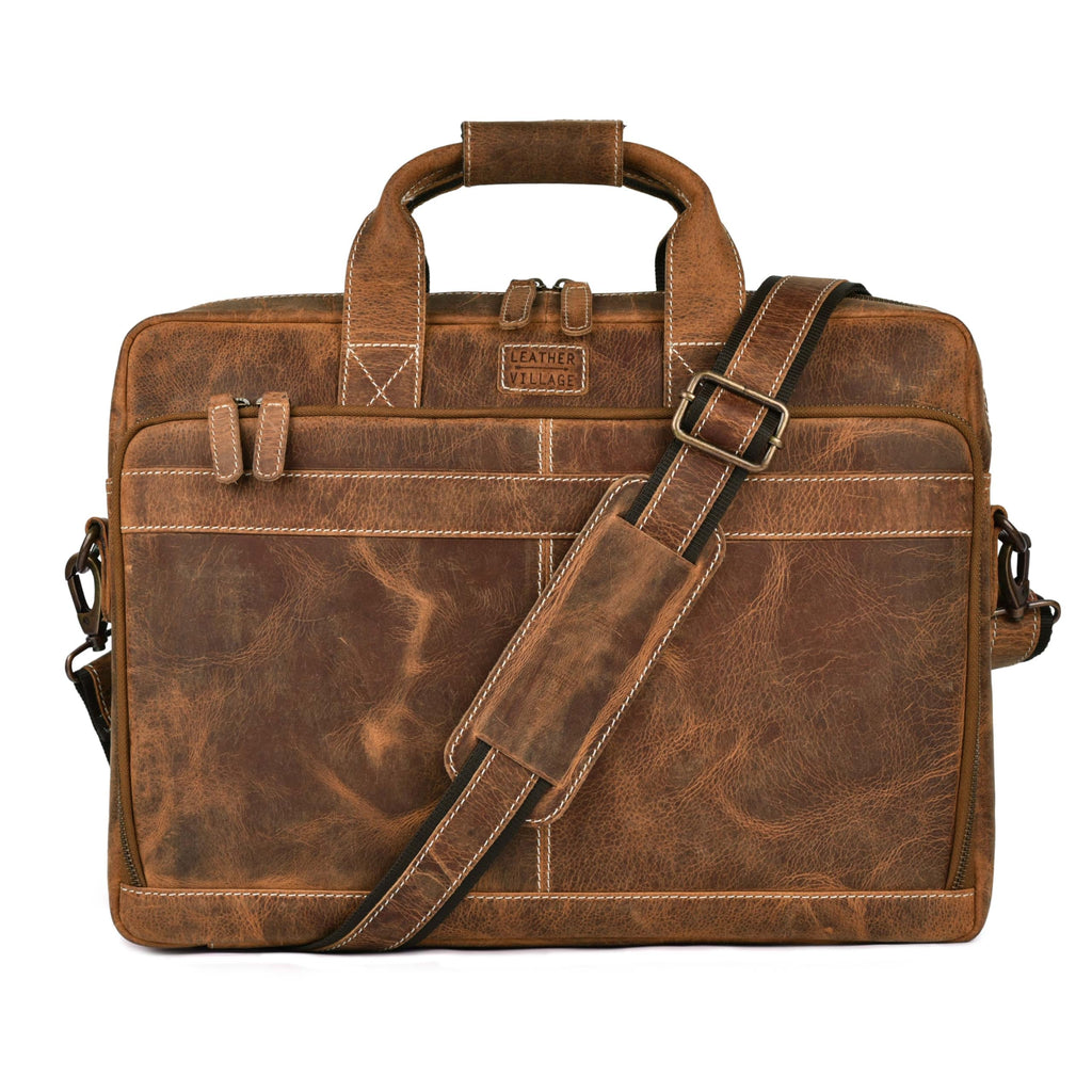 LEATHER VILLAGE 16" Leather Laptop Messenger Briefcase Bag for Men-Leather Satchel for Travel and Office Shoulder Bag-Black
