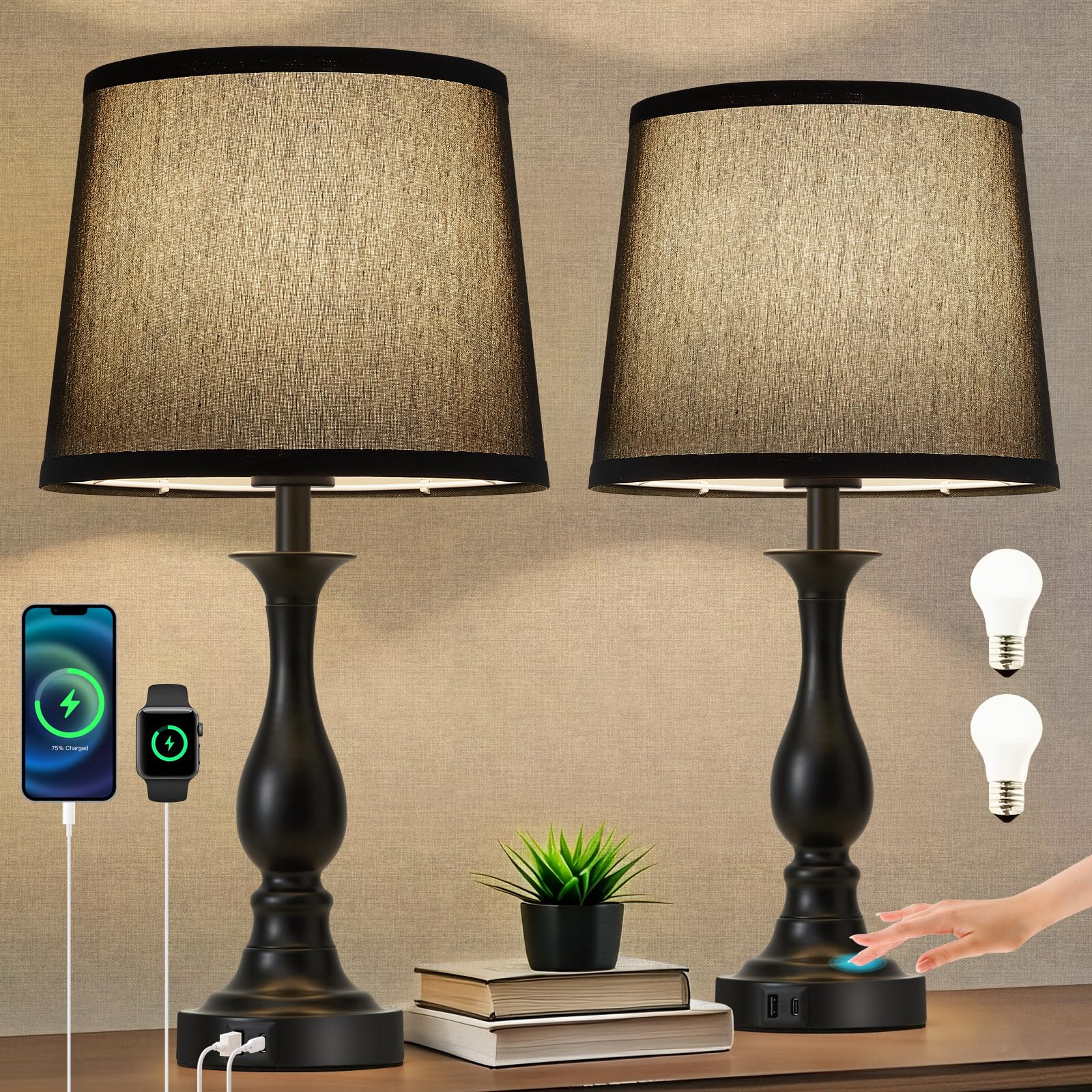 Bedside Table Lamp Touch Control Bedroom Lamps with USB A and C Charging Port 3 Way Dimmable Touch Lamps for Nightstand Living Room Bedroom Dorm Home Office Reading, Set of 2