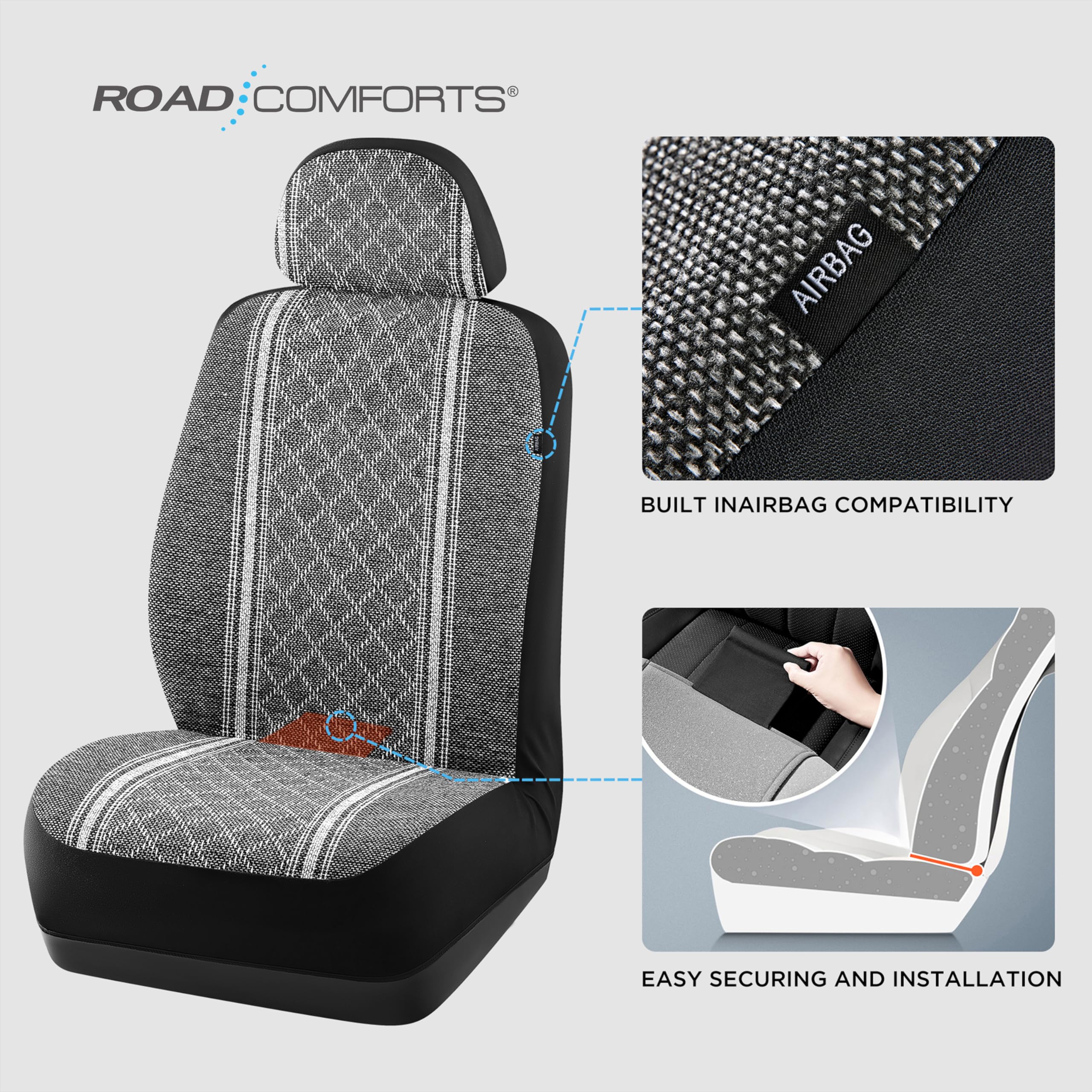 Road Comforts Baja Blanket Seat Covers Gray Diamond Bucket Seat Covers Low Back Full Set - Jacquard Fabric, Airbag Compatible, Universal Fits for Most Cars, Truck, SUV, Vans