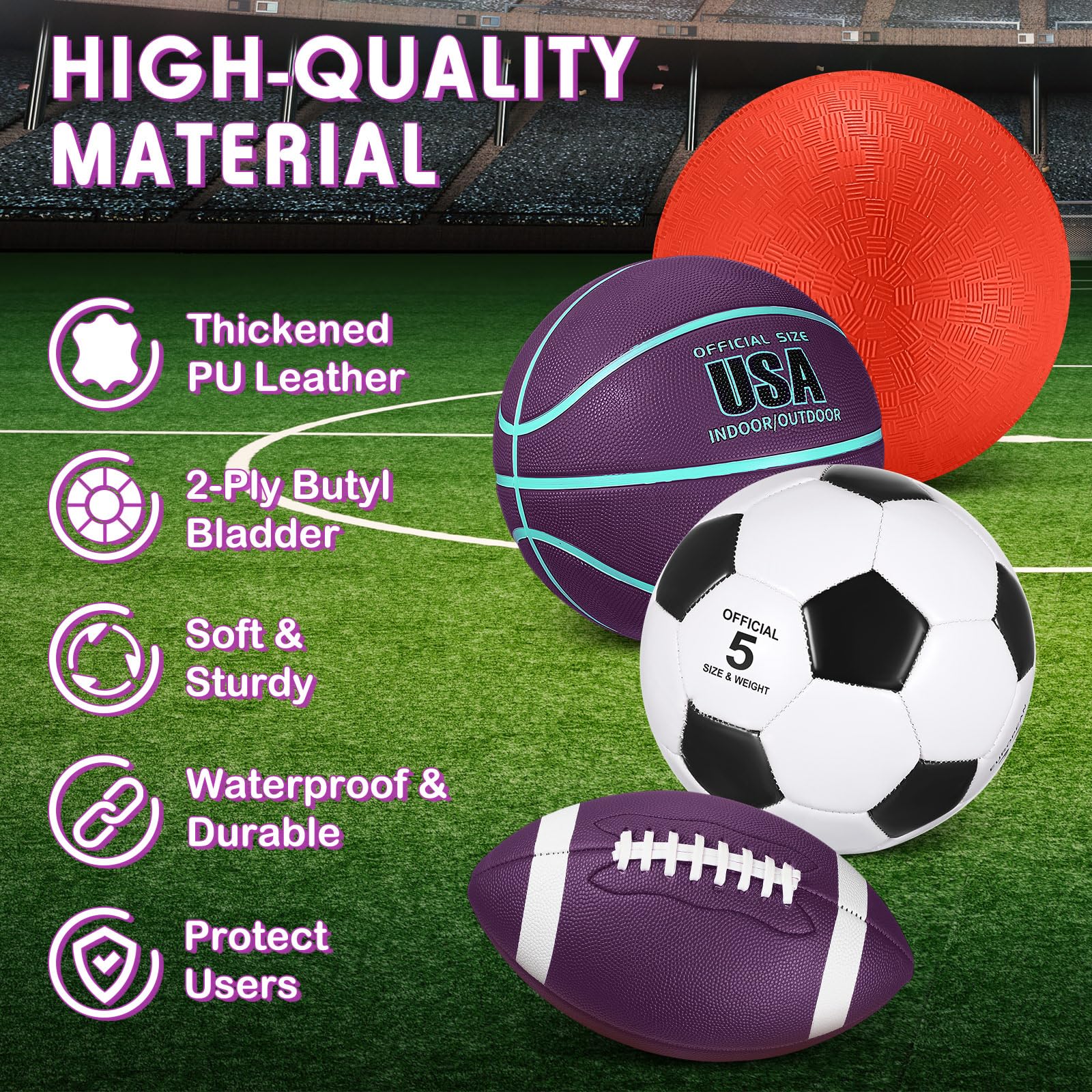 Lenwen 4 Pcs Sports Balls Set for Teen Adult, Include Official Size Basketball Soccer Football Playground Ball Pump Equipment Bag Ball Gifts Back to School