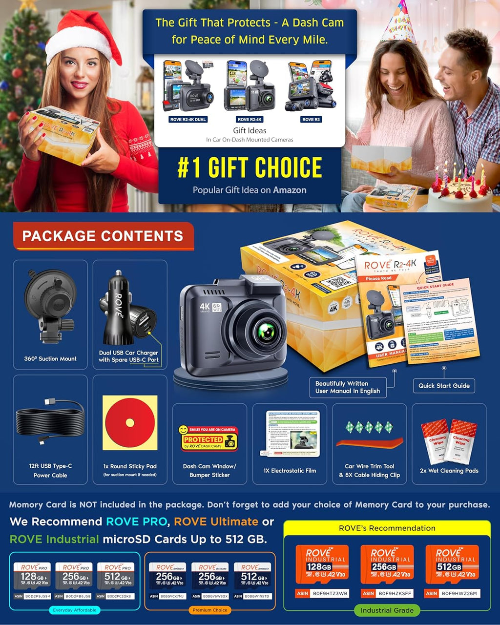 ROVE R2-4K Dash Cam, 4K UHD 2160P Car Camera with 8MP CMOS Sensor, Built-in WiFi 6 and GPS, Dash Camera For Cars with 2.4" Screen, Super Night Vision, 150" Wide Angle, Parking Mode, Supports 512GB Max