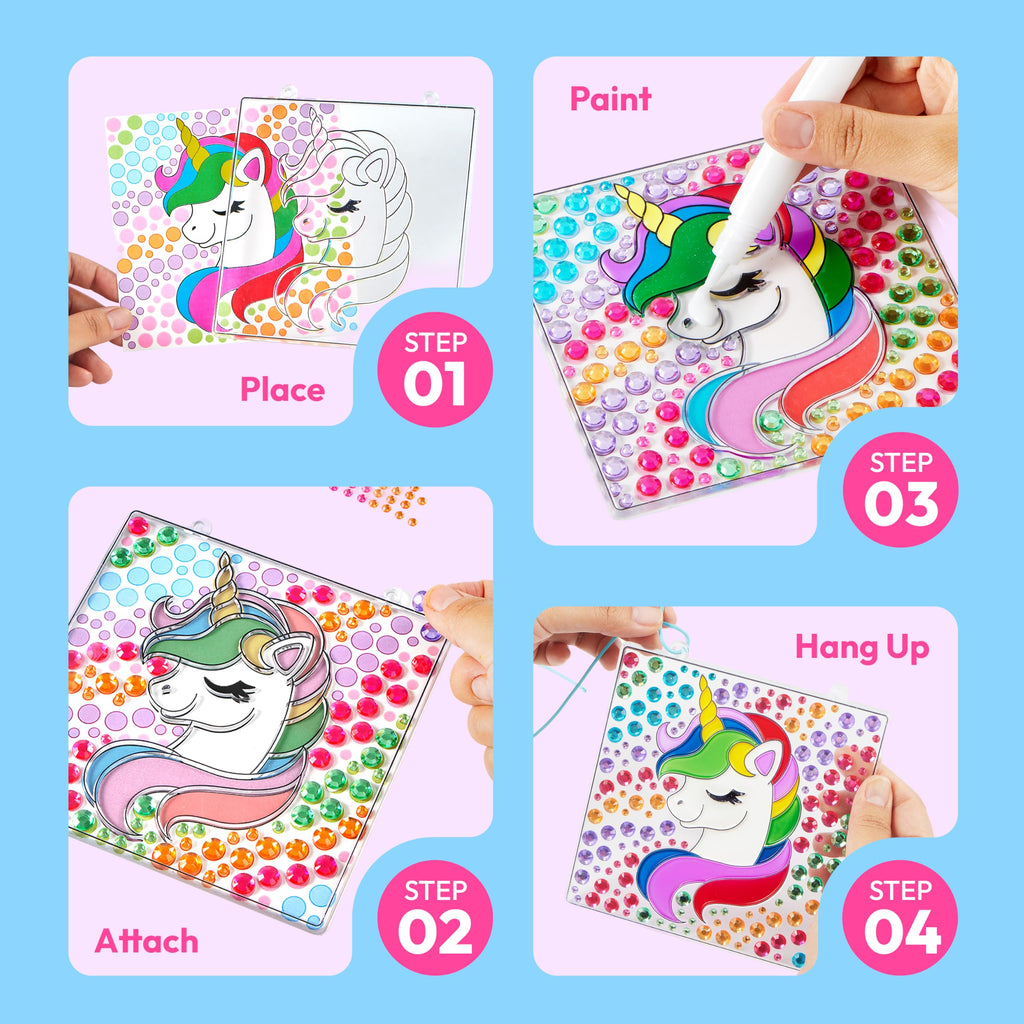 Klever Kits 4PCS Window Art Suncatcher Kits, Fun Gem Painting Kits, Diamond Art and Crafts for Boys Girls, Great Crafts Gift for Kids Birthdays Christmas Ages 6+