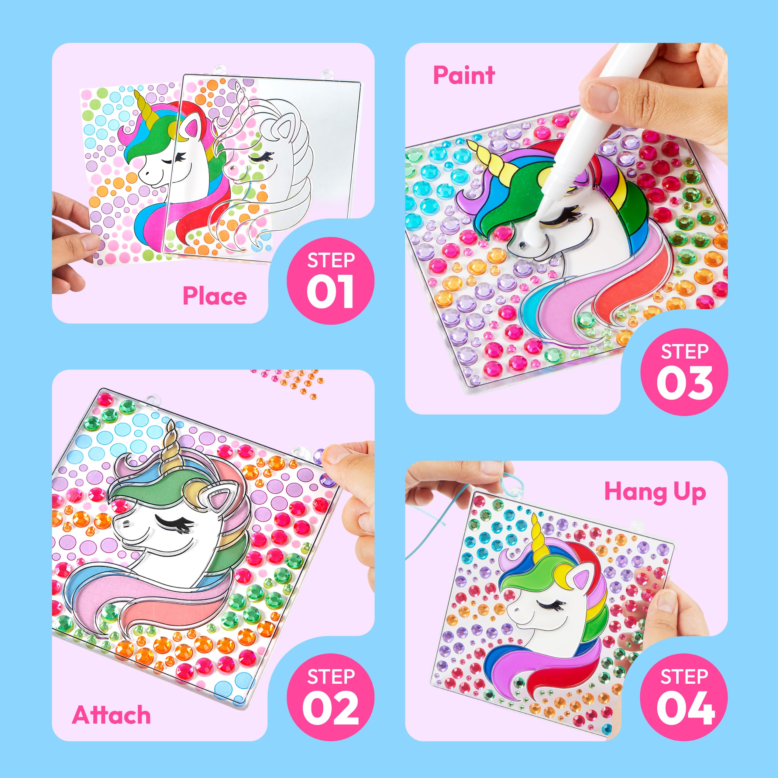 Klever Kits 4PCS Window Art Suncatcher Kits, Fun Gem Painting Kits, Diamond Art and Crafts for Boys Girls, Great Crafts Gift for Kids Birthdays Christmas Ages 6+