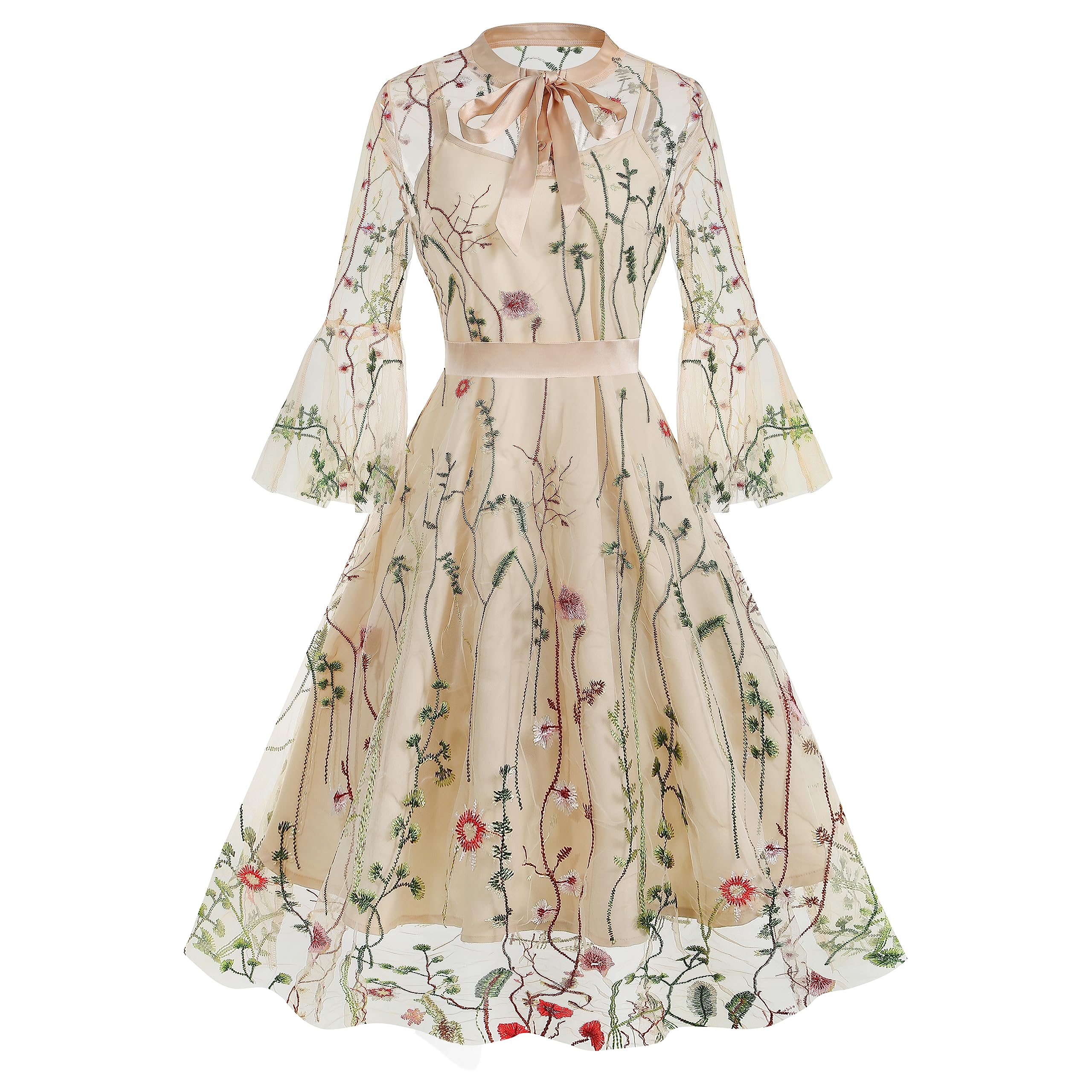 Women Mesh Floral Embroidery Vintage Cocktail Swing Dress Illusion 50s Goth Flared A line Casual Wedding Prom Evening Dress