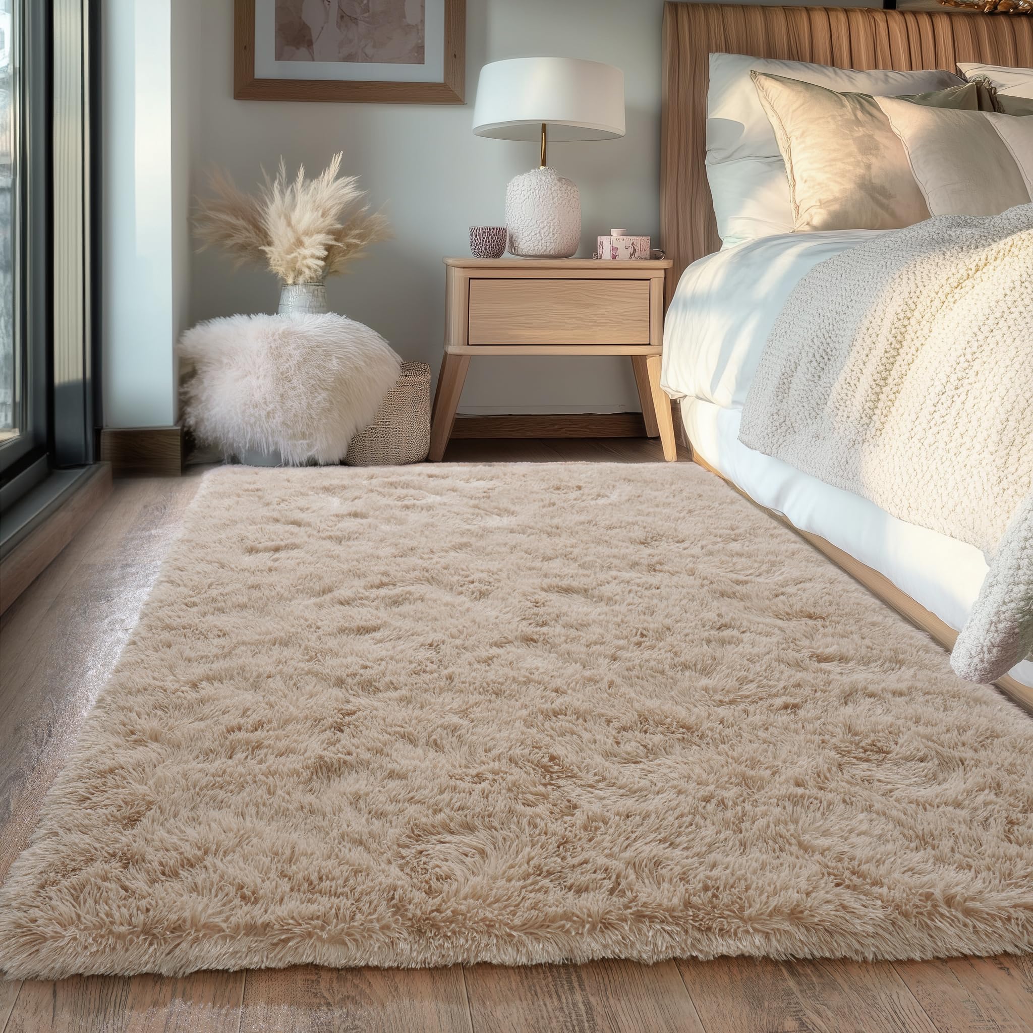 Beige Fluffy Rug for Bedroom 4x6ft - Ultra Soft & Non Slip Shaggy Area Rug, Comfy Durable Carpet for Living Room Kids Room Teens Dorm Home Decor, 1.7'' Thick Indoor Plush Carpets