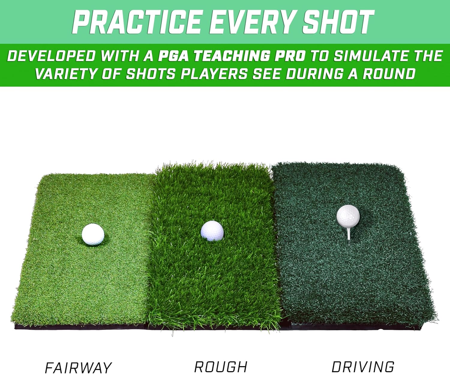 GoSports Tri-Turf XL Golf Hitting Mat – 24x24 in Golf Practice Mat for Indoor/Outdoor Training, Fairway Rough Tee Turf, Portable Golf Mat for Backyard, Garage & Golf Simulator Use