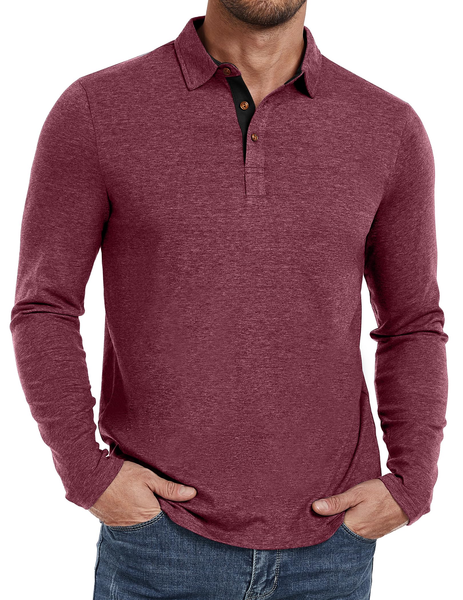PEGENO Mens Polo Short/Long Sleeve Shirt Classic Button Basic Solid Color Designed Collared Polo Shirt Fashion Casual Shirts