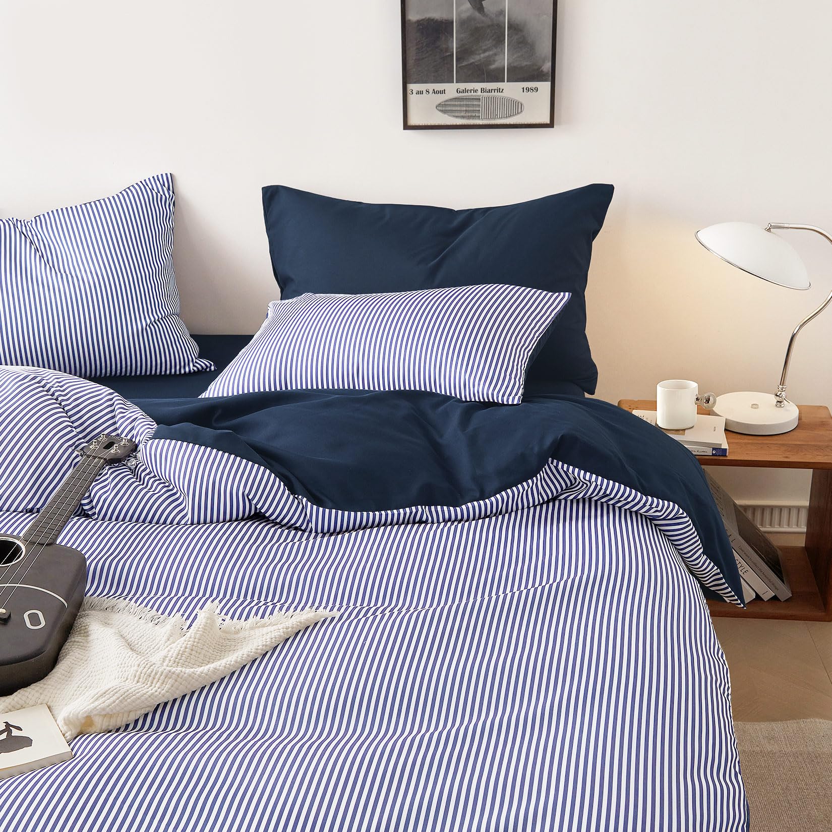 Wake In Cloud - Striped Comforter Set, Ticking Stripe Vertical Pinstripe Neutral Farmhouse Pattern Printed, Soft Lightweight Bedding, 3 Pieces, Blue White, Twin/Twin XL Size