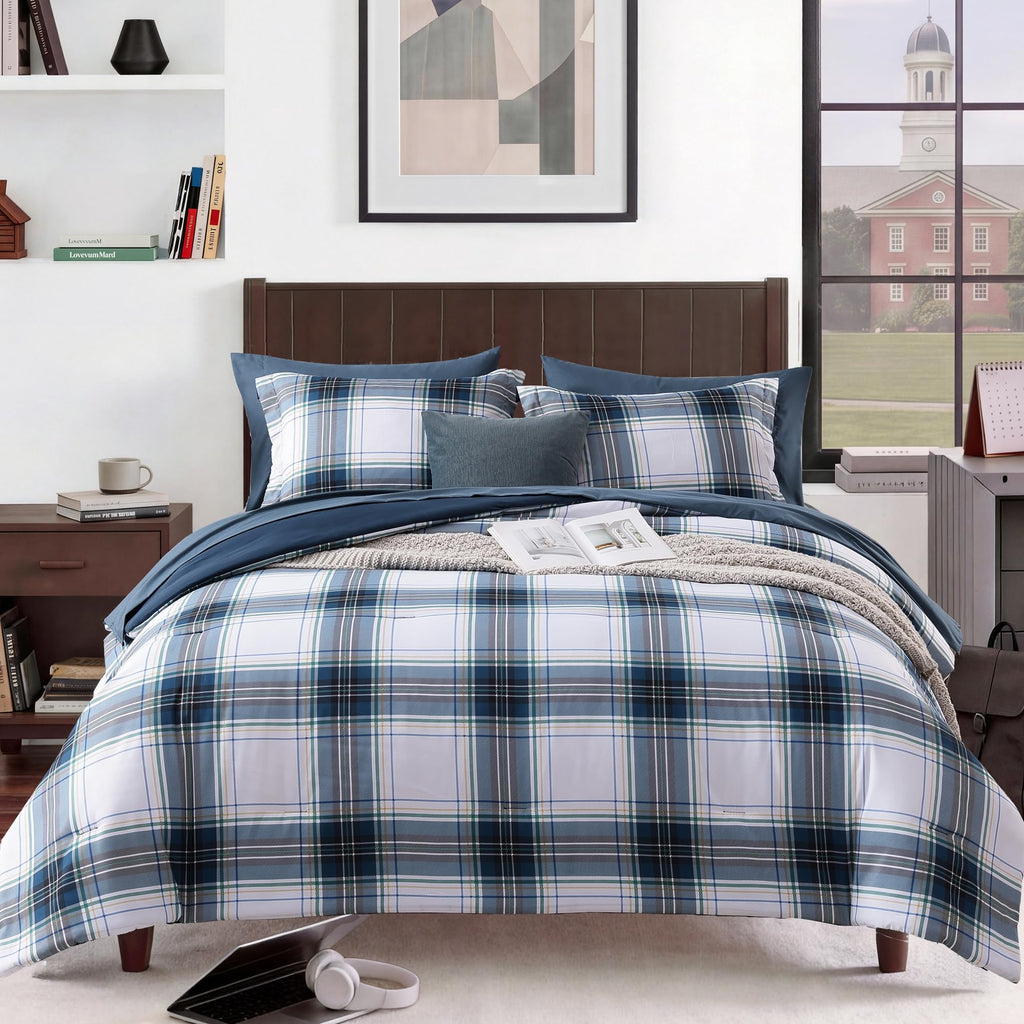 MaiRêve Queen Comforter Set, Classic Plaid Farmhouse Bedding Sets 7 Pieces, Beige All Season Bed in A Bag with Sheets, Pillowcases & Shams