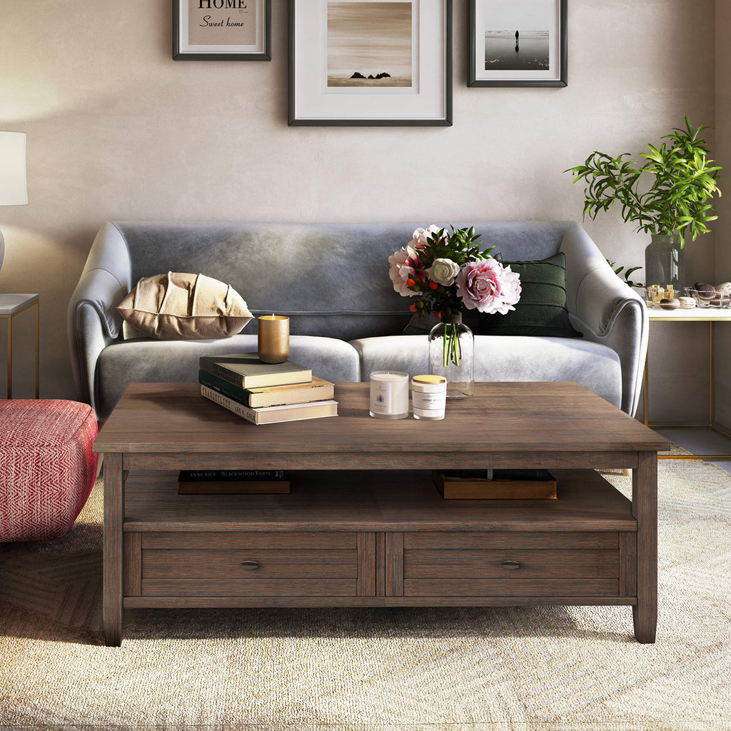 SIMPLIHOME Warm Shaker Coffee Table - 48 inch Wide Solid Wood Coffee Table in Black, Transitional Living Room Table with 2 Drawers, Open Shelf, Shaker Fronts and Tapered Legs
