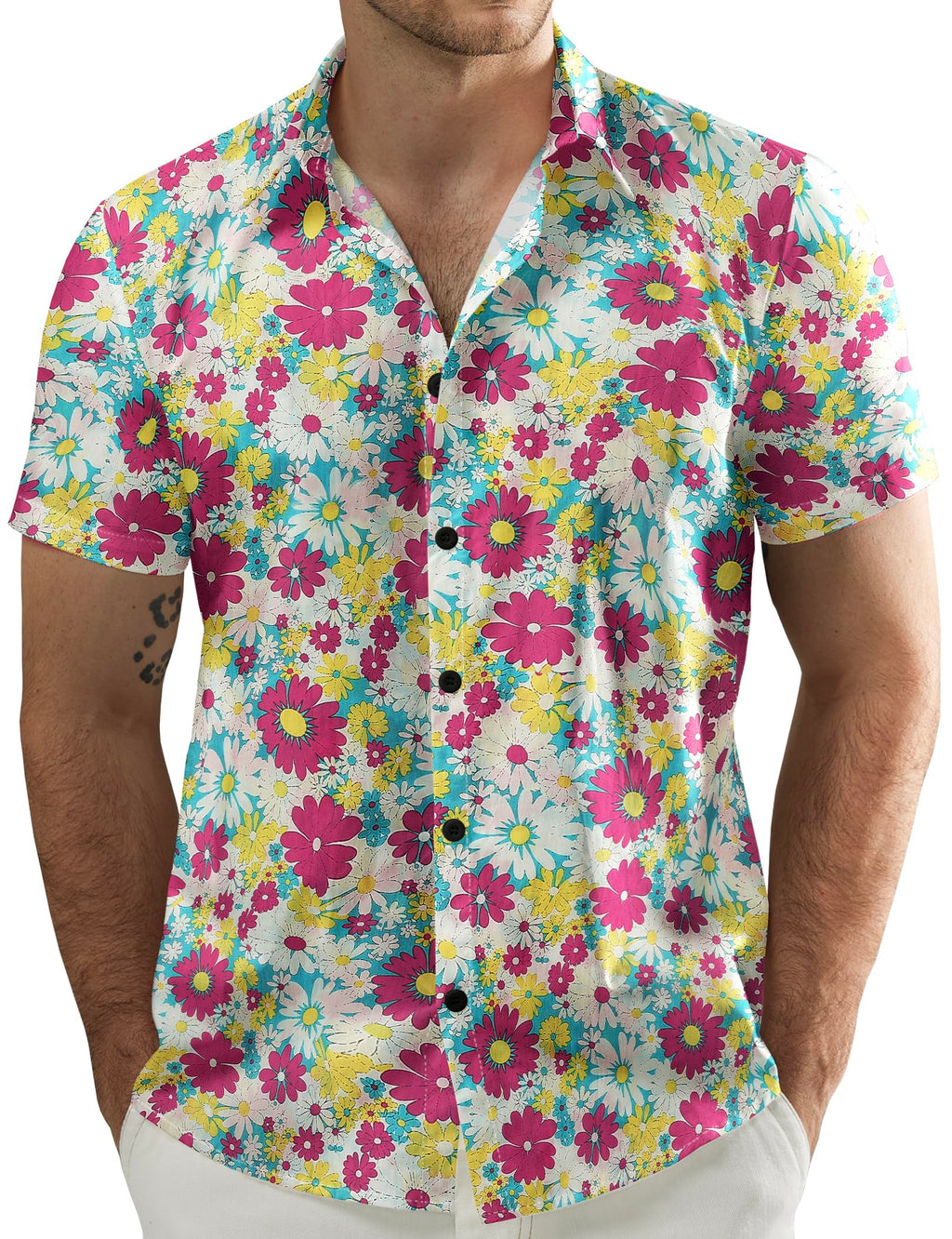 JOGAL Men's Flower Casual Short Sleeve Aloha Hawaiian Shirt
