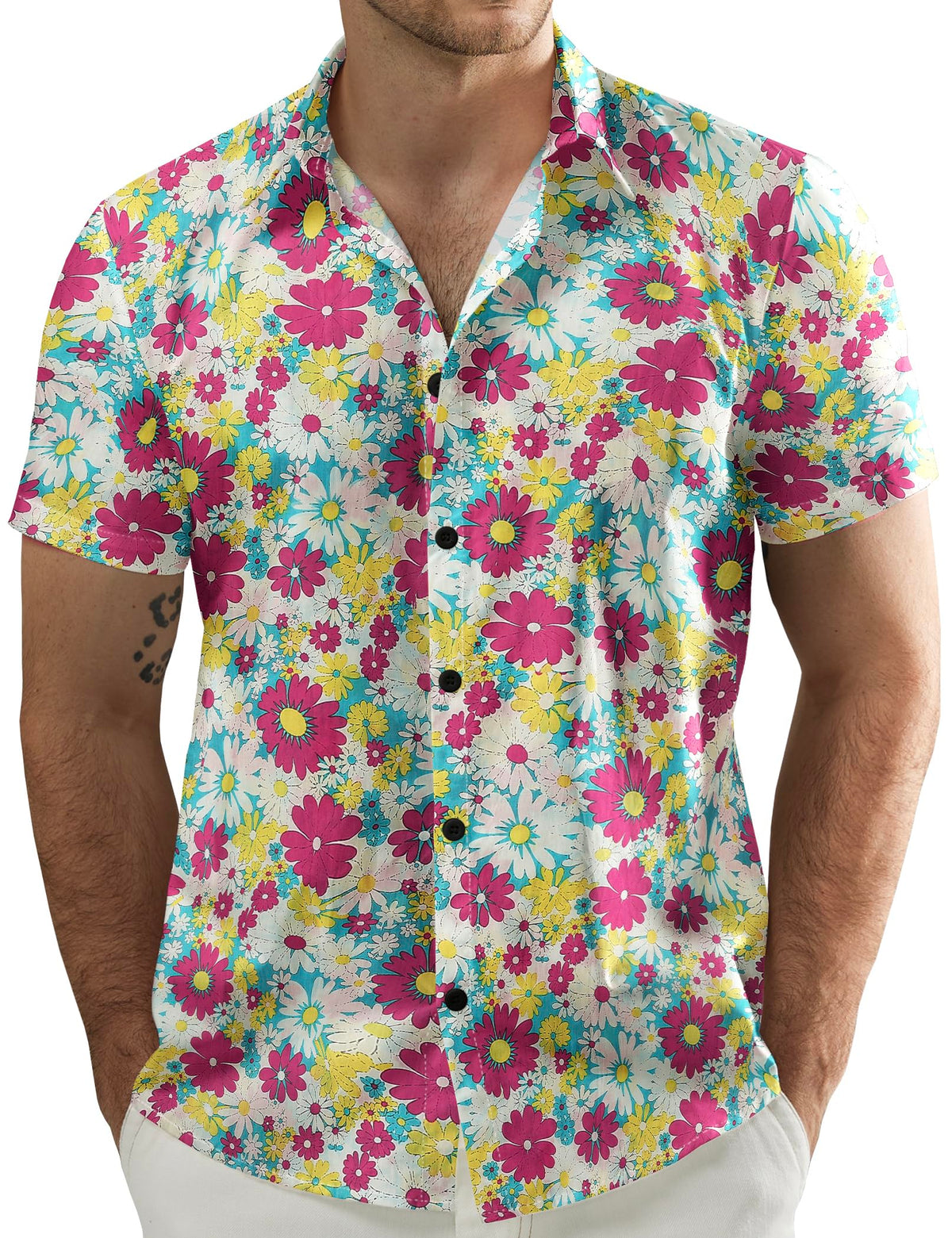 JOGAL Men's Flower Casual Short Sleeve Aloha Hawaiian Shirt