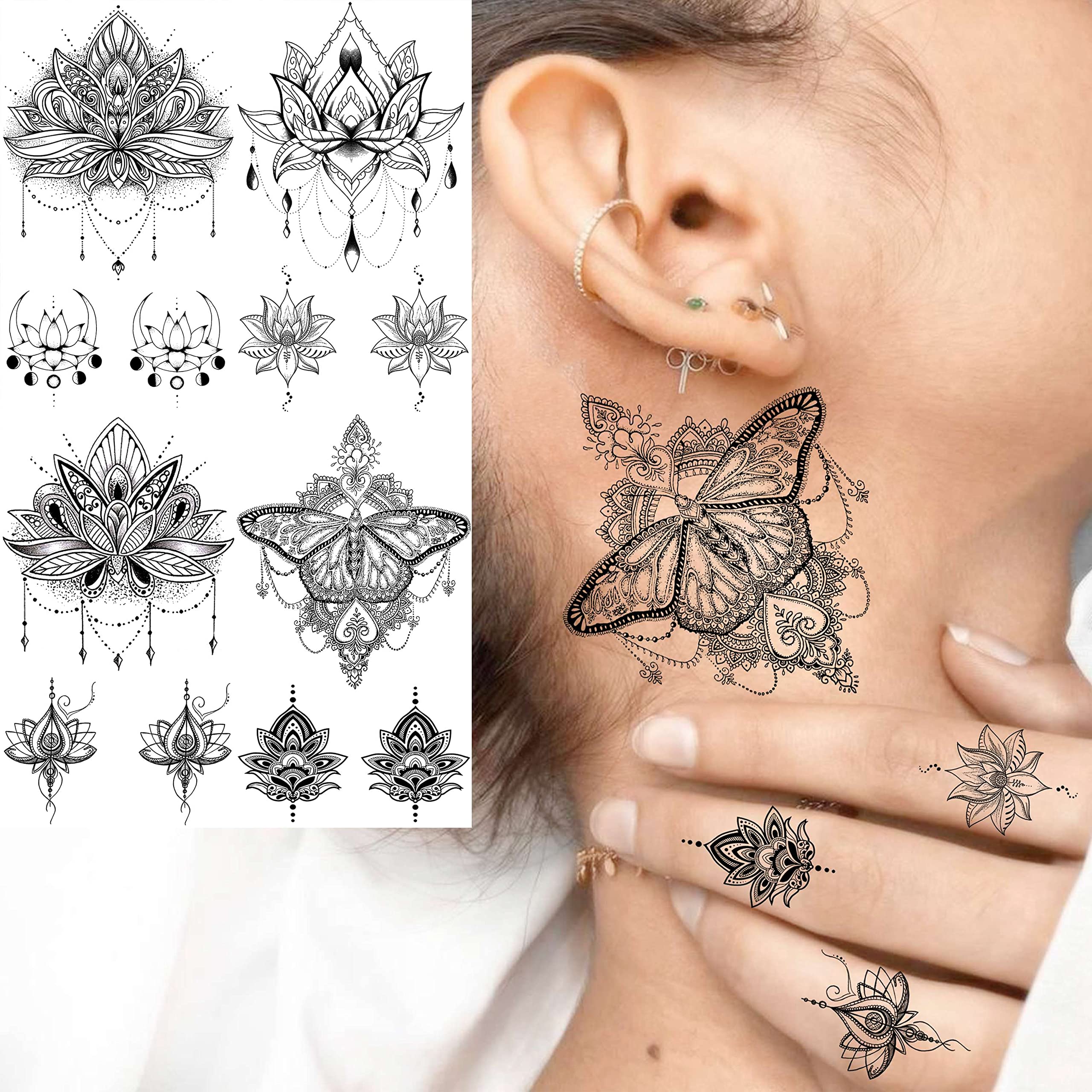 EGMBGM 52 Sheets Tiny Small Temporary Tattoos For Kids Boys Girls, Tribal Animals Butterfly Anchor Compass Tattoo Stickers For Men Women, 3D Cute Flower Fake Face Tatoo Kits Sets For Neck Arm Hands
