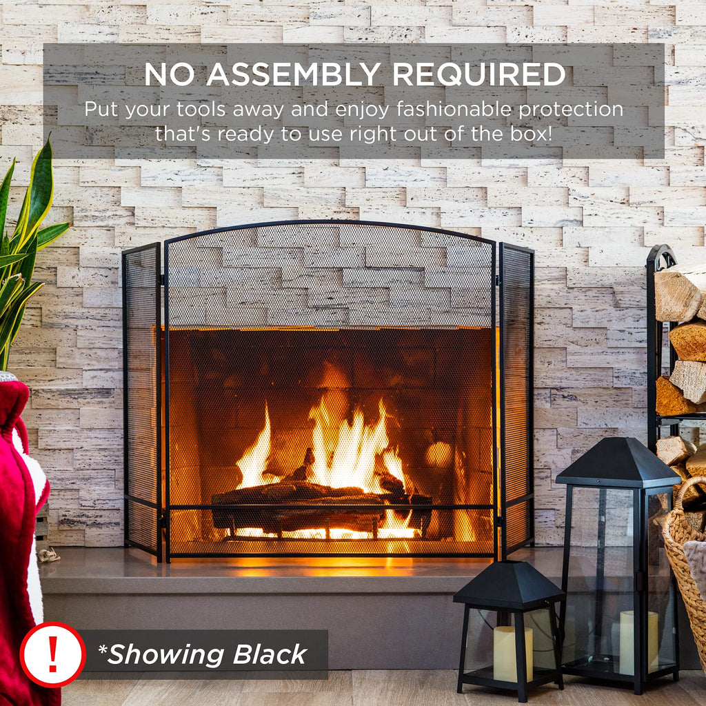 Best Choice Products 47.5x27.25in 3-Panel Simple Steel Mesh Fireplace Screen, Fire Spark Guard Grate for Living Room Home Decor w/Rustic Worn Finish - Black