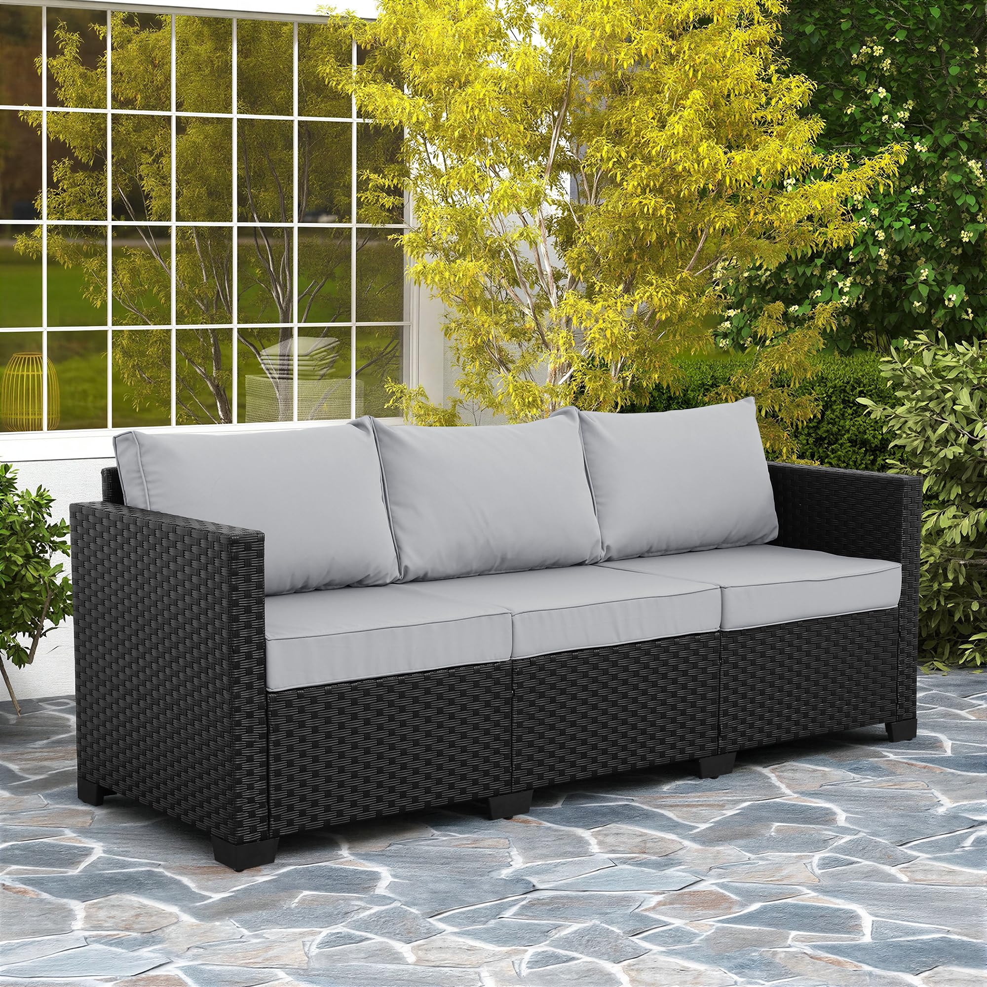 Rattaner Outdoor Furniture Outdoor Couch Patio Furniture 3-seat Sofa Deep Seat High Backrest with Waterproof Cover and Anti-Slip Cushions, Light Grey