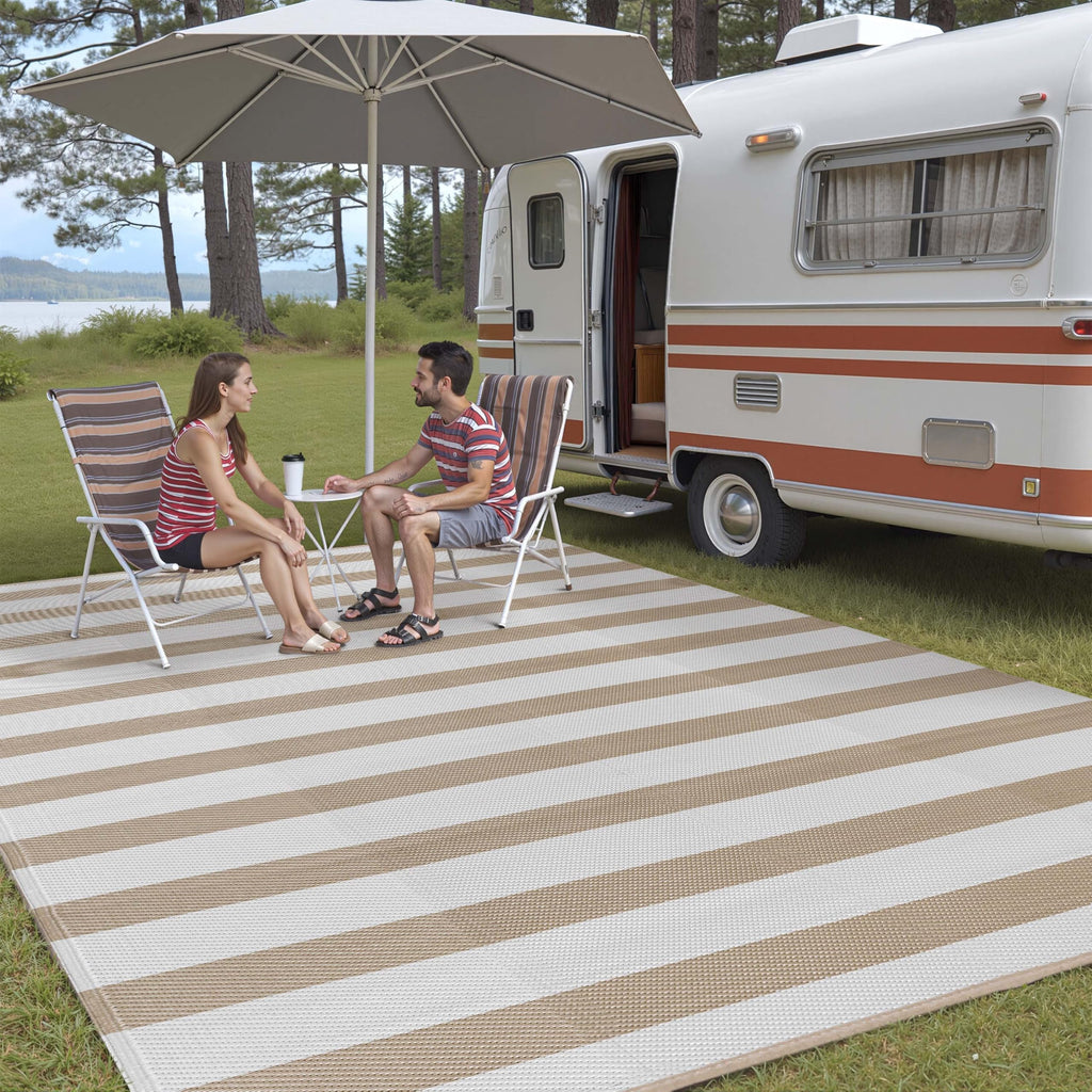 PureCozy Outdoor Plastic Straw Rug Black Beige Large Outside Waterproof Outdoor Patio 5x8 Carpet Geometric Reversible Mat Modern for Camping RV Porch Deck Balcony Beach